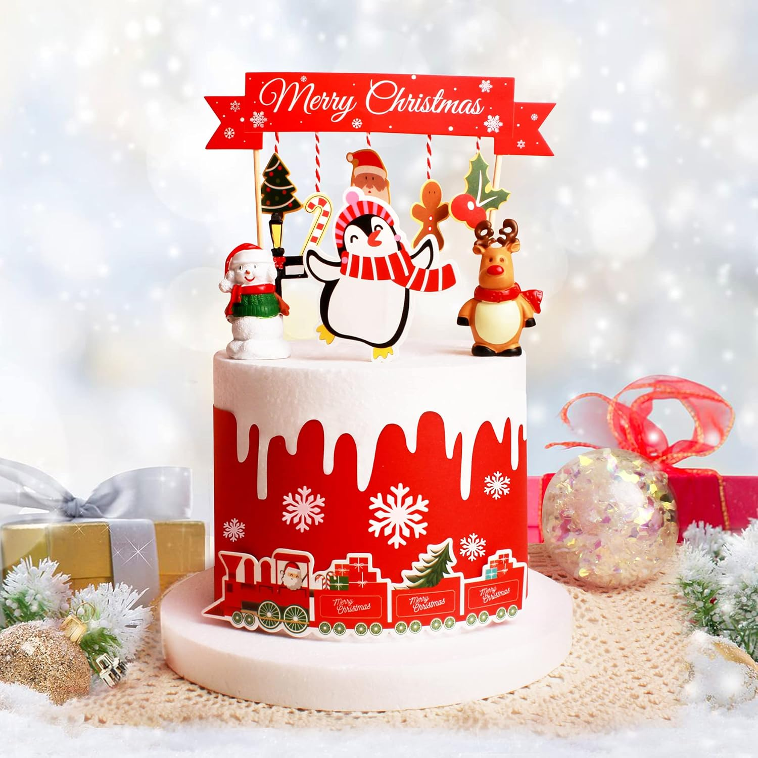 5Pcs Merry Christmas Cake Toppers Decorations Set DIY Penguin Santa Claus Christmas Cake Banner Cupcake Toppers for Winter Xmas Holiday Frozen Party Supplies image number 5
