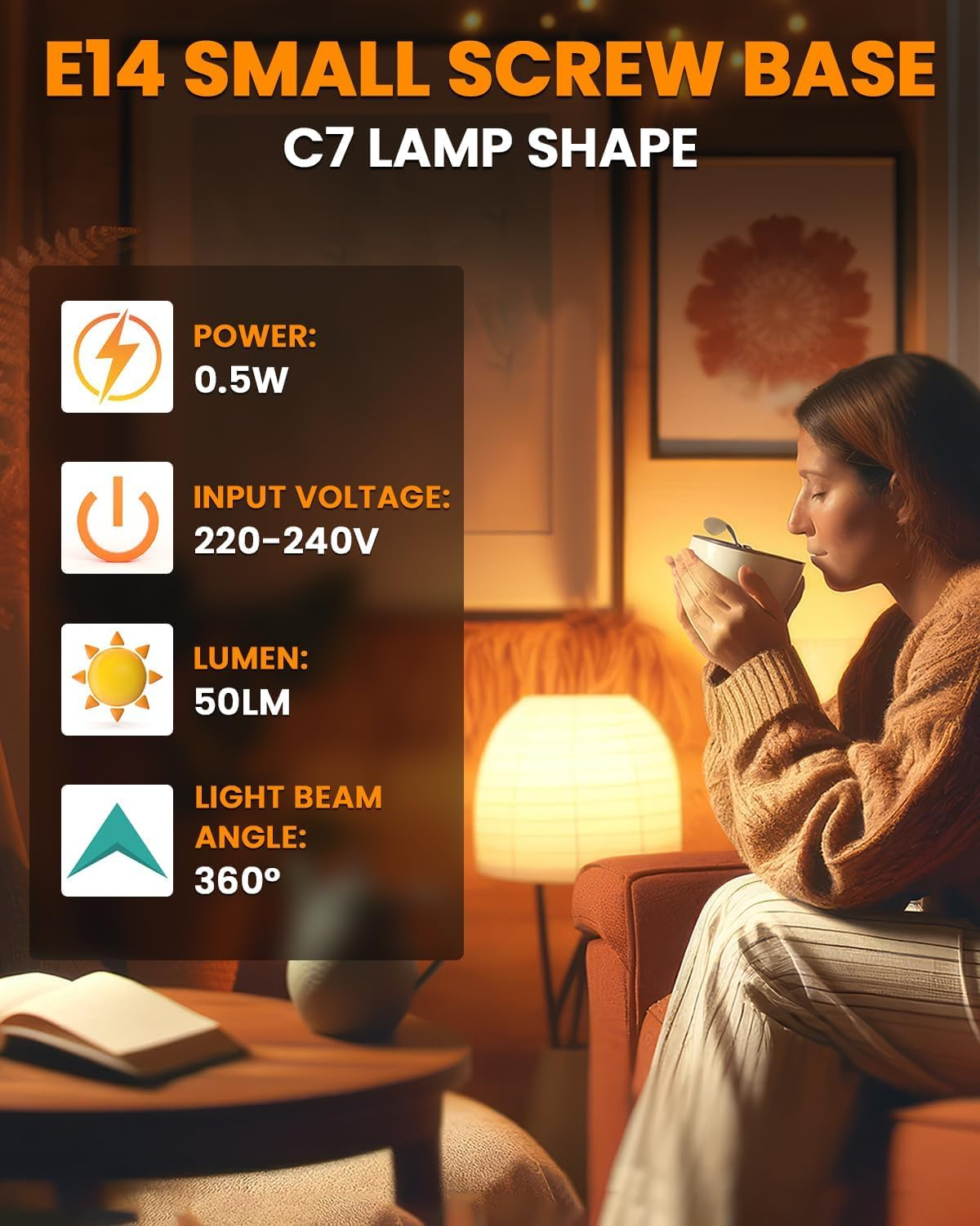 Brightark 0.5W E14 LED Vintage Light Bulb Warm White,C7 Salt Lamp Bulb Candle Small Edison Screw SES Low Watt Light Bulb,2000K Orange Amber Glass Night Light Bulb, Non-Dimmable, 2-Pack image number 4