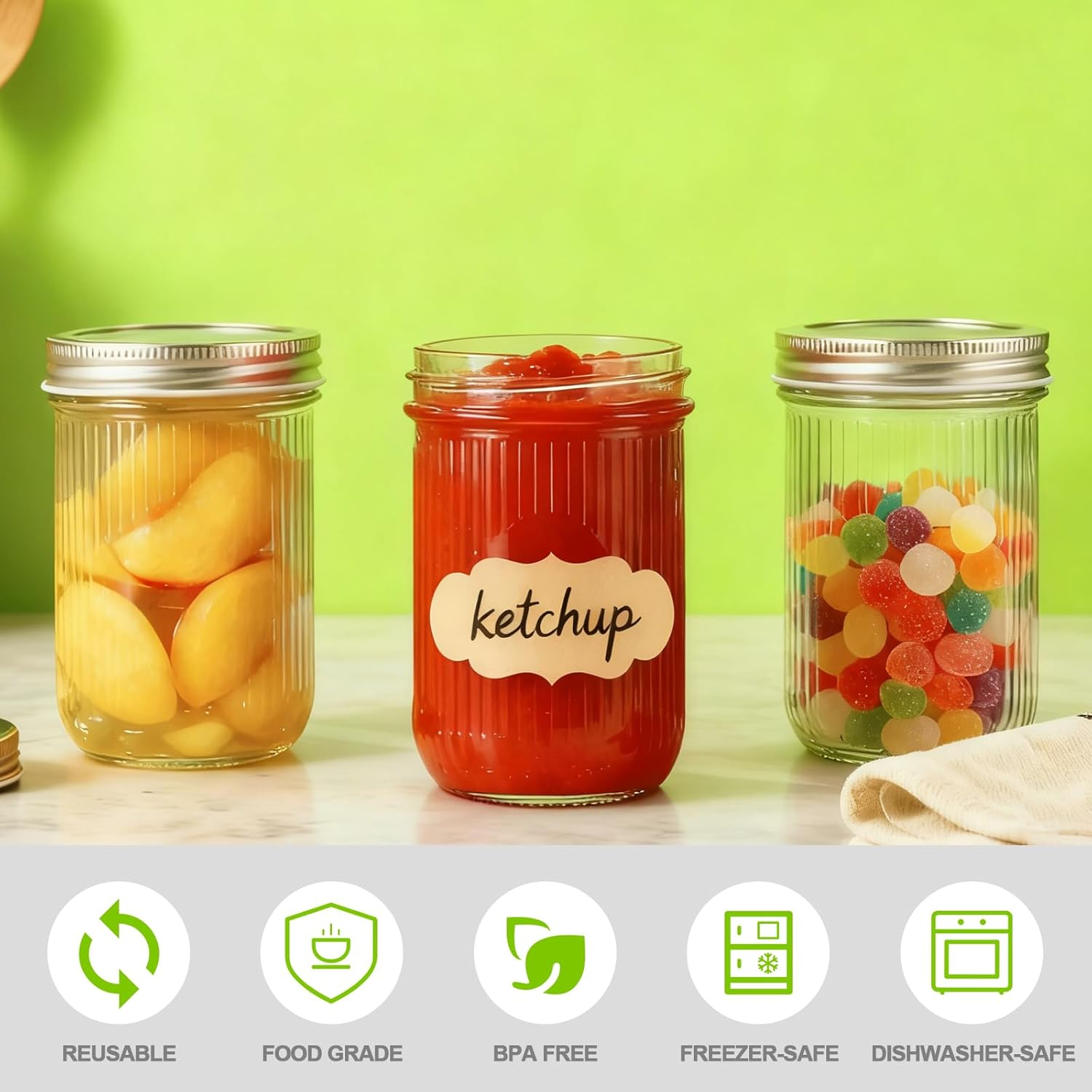 Acetiti 500Ml/17 Oz Glass Mason Jars with Silver Metal Lids, Set of 5 Vintage Wide Mouth Canning Jars with Labels for Overnight Oats, Food Storage, Jam, Honey, Pickling (500Ml-Vertical Stripes) image number 1