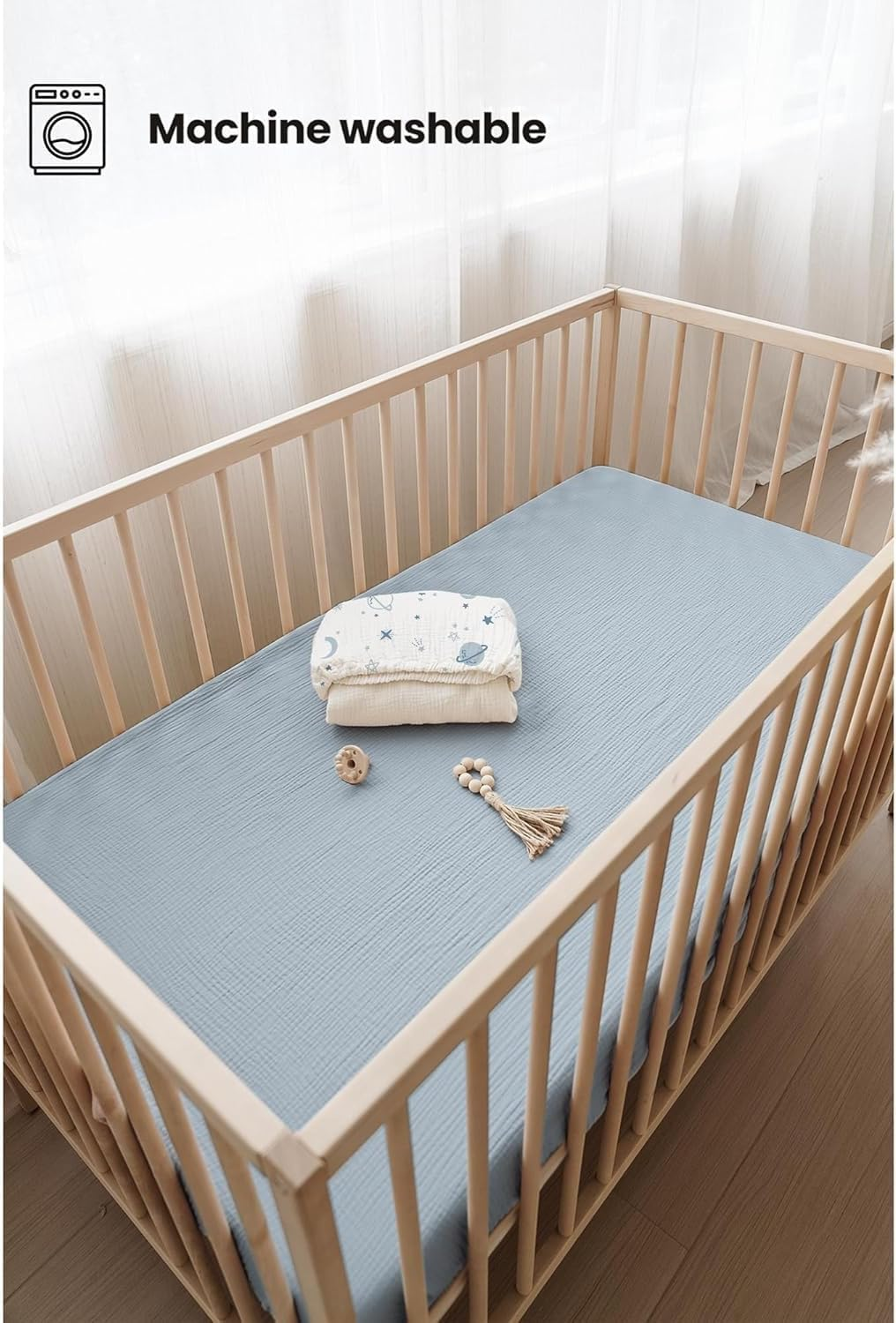 Muslin Crib Sheets 2-Pack for Boys &ndash; 52"X28" Soft Breathable Cotton Fitted Sheets for Standard Crib Mattress, Neutral Baby Bedding with Star & Moon Design (Blue) image number 5