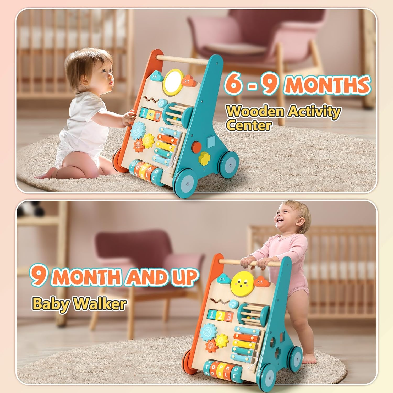 Baby Walker with Wheels, Wooden Push Walker Toys for Babies 6-12 Months, Baby Girl Walking Activity Toys for 1 Year Old - Green image number 6