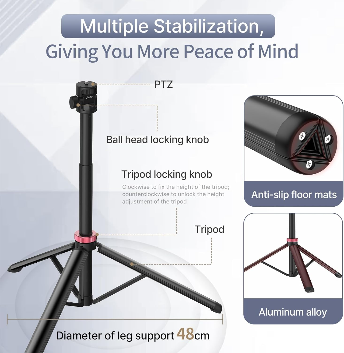 ULANZI MT-79 Extendable Camera Tripod Aluminum, 81" Portable Adjustable Light Stand with 1/4" Screw, 360&deg; Ball Head Camera Phone Tripod for Camera Video Light Smartphone, Lightweight for Travel image number 2