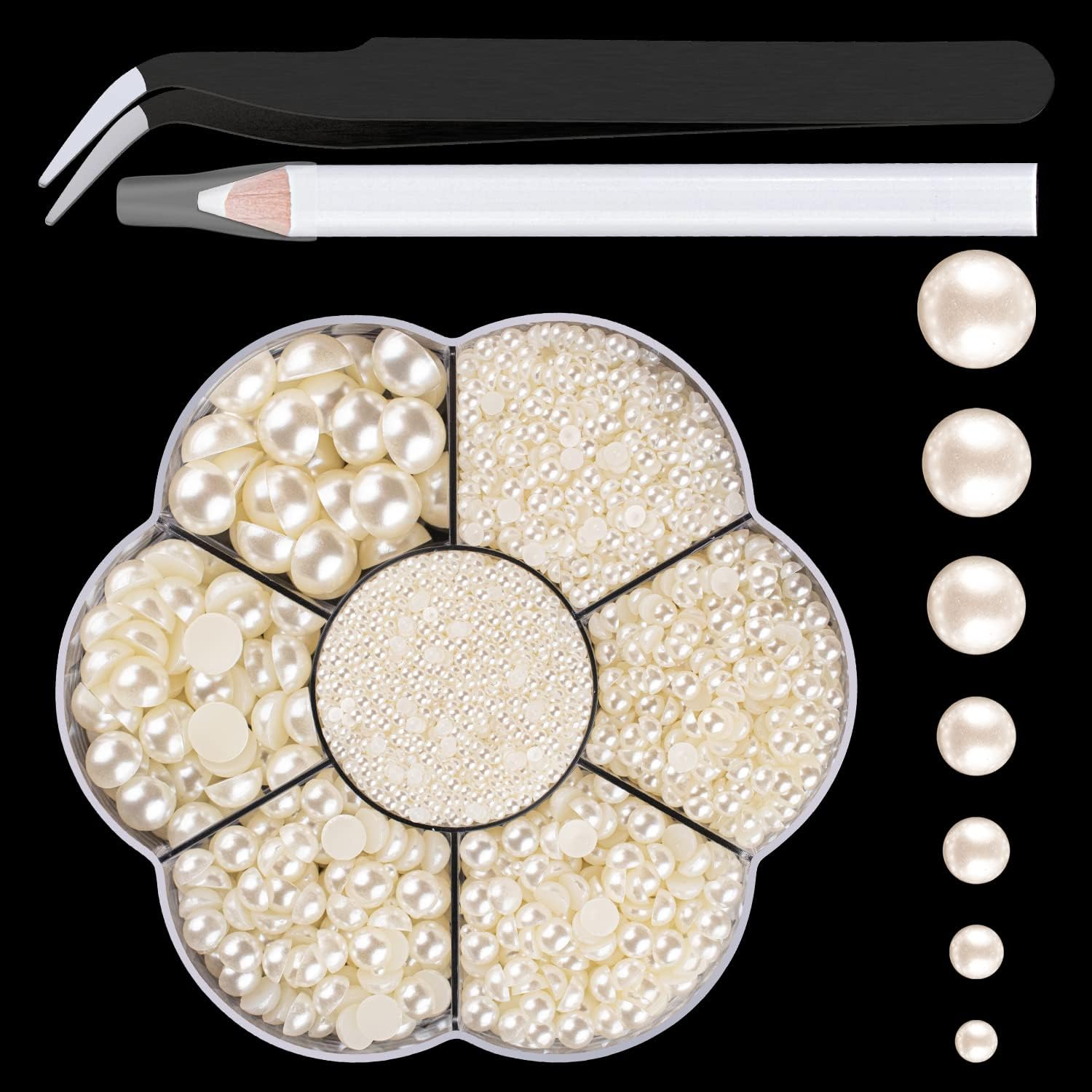 Nail Art Flat Back Half round Pearl Kits 3, Mixed Sizes 6000 Pcs White Small Pearls for Nails with Picking Tools for Graduation Cap Decorations Home DIY Body Face Craft Salon Use
