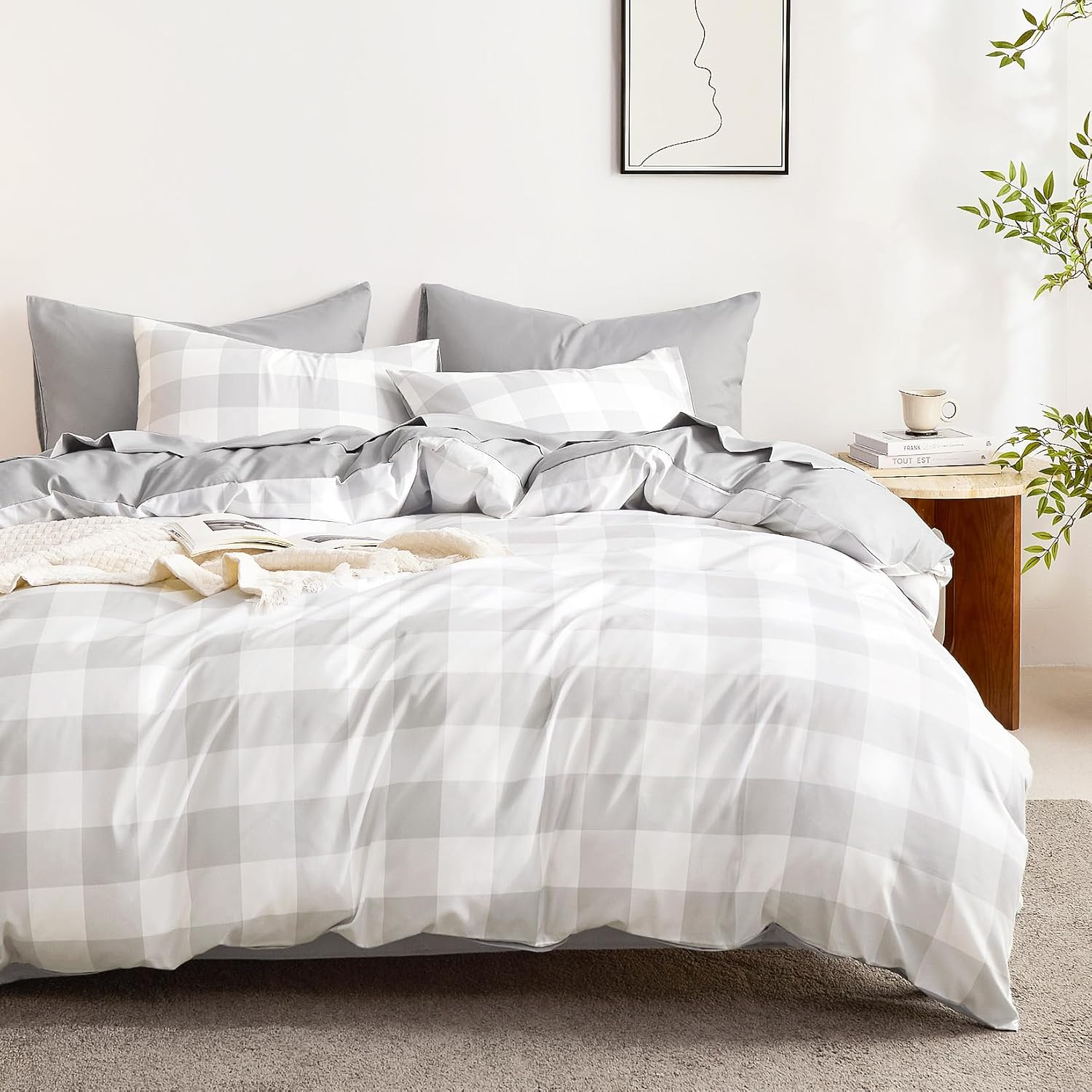 Wake in Cloud - Gingham Quilt Cover Set, Plaid Buffalo Checked Pattern Printed, 1000TC Ultra Soft Microfiber Doona Duvet Cover Bedding, 3 Pieces, Light Grey White, Queen Size