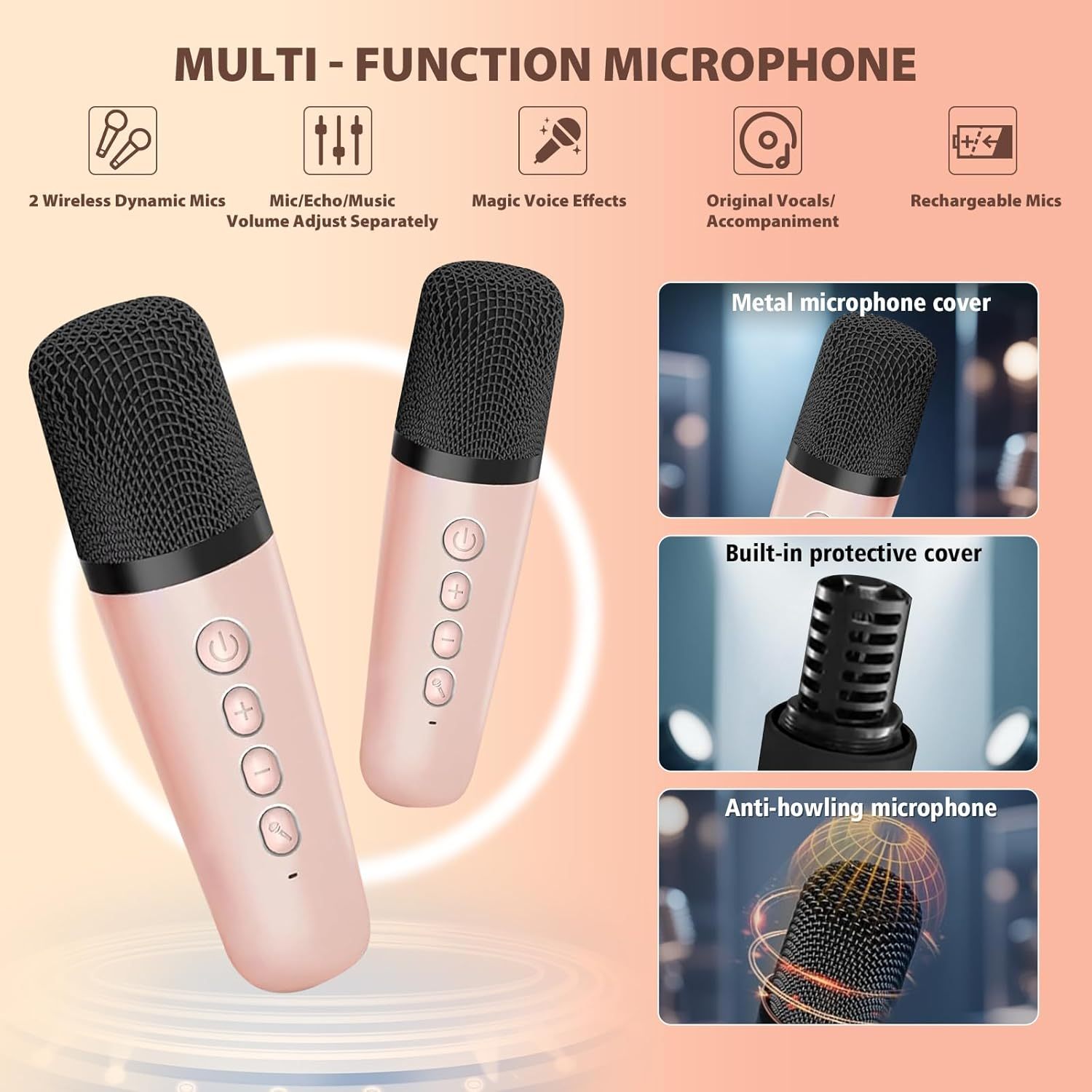 Mini Karaoke Machine for Kids Adults, Portable Bluetooth Speaker with 2 Wireless Microphones, Microphone and Speaker Set with Disco Light for Home Party Christmas Birthday Gift for Girls Boys - Black image number 6
