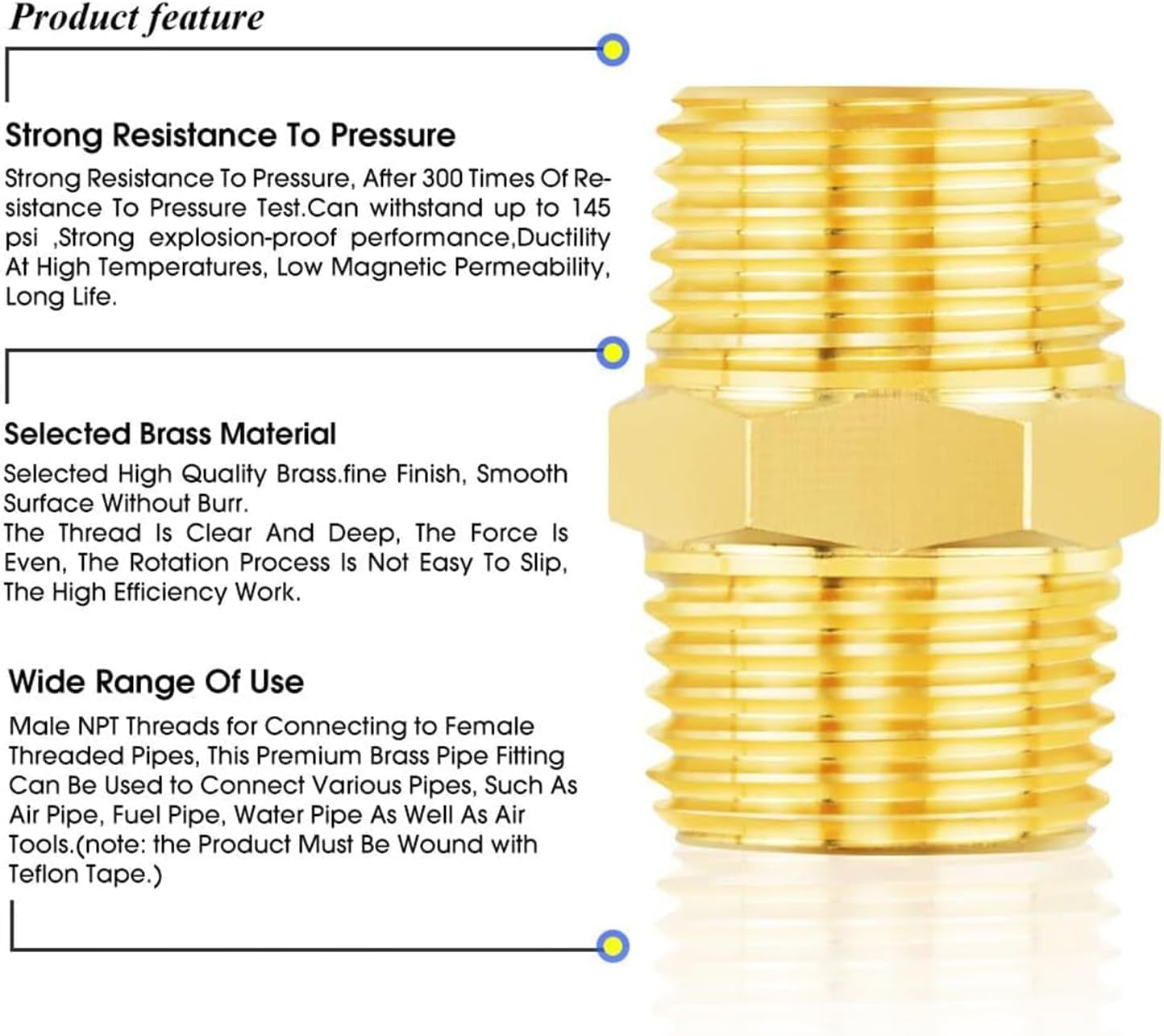 TAILONZ PNEUMATIC 3/4" BSP Male Pipe Hex Nipple, Brass Pipe Fitting（5Pcs） image number 3