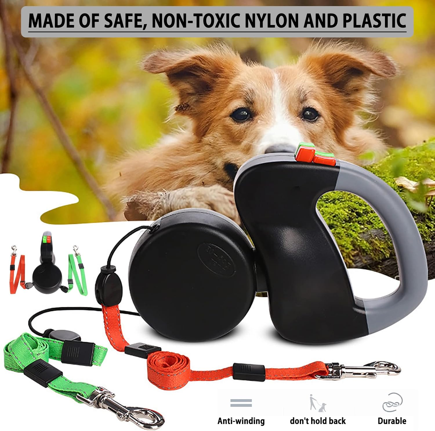 Double Dog Leash Lead 360&deg;No Tangle Heavy Duty Retractable Pet Leash Climbing Rope Material for Walking 2 Dogs image number 5