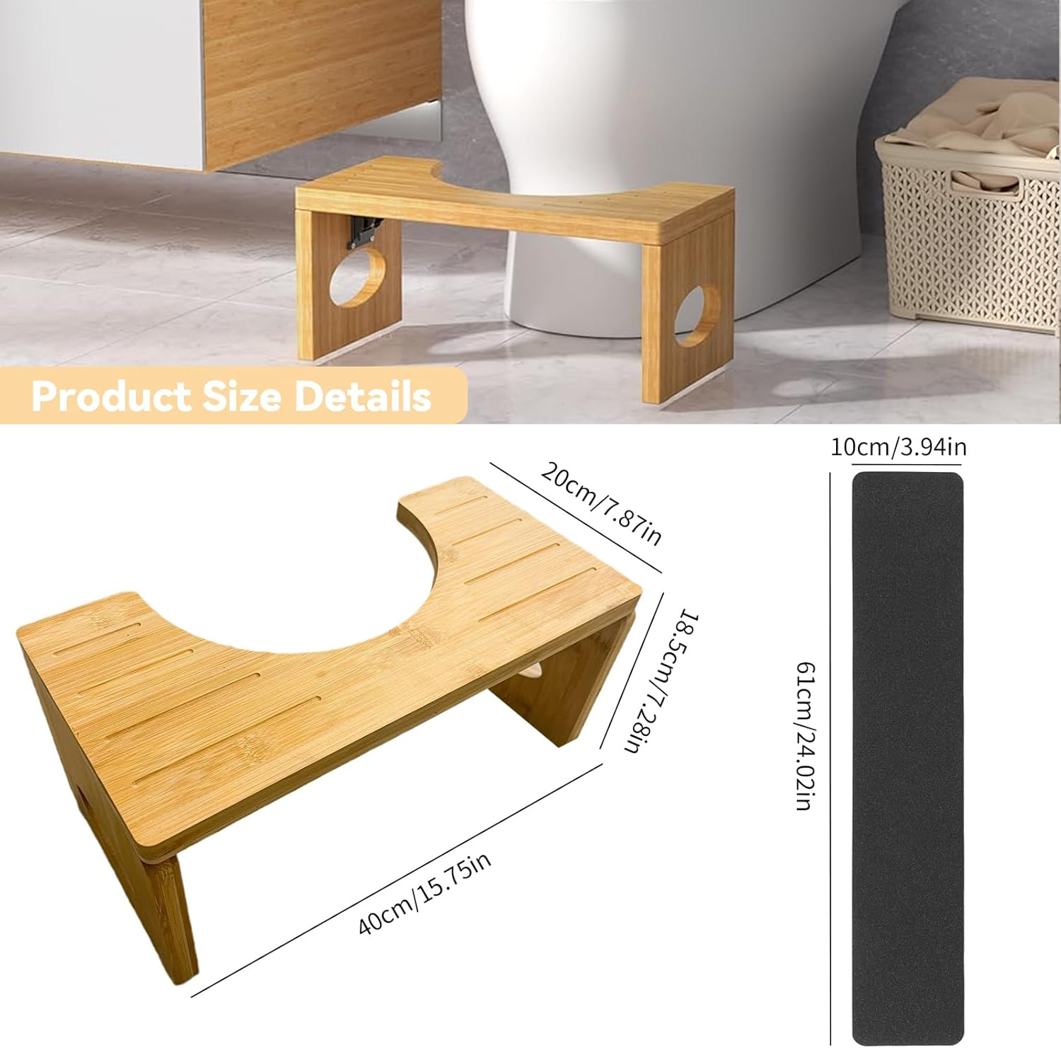 Wooden Toilet Stool with Anti-Slip Sticker, C-Shaped Toilet Stool for Improve Bathroom Posture Comfort, Heavy Duty Poop Stool for Natural Comfortable Excretion, Bathroom Foldable Stool (1 PCS)