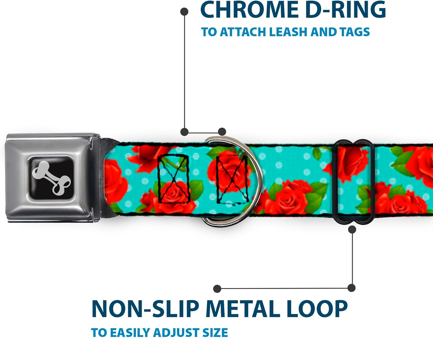 Buckle-Down Seatbelt Buckle Dog Collar - Red Roses/Polka Dots Turquoise - 1" Wide - Fits 11-17" Neck - Medium