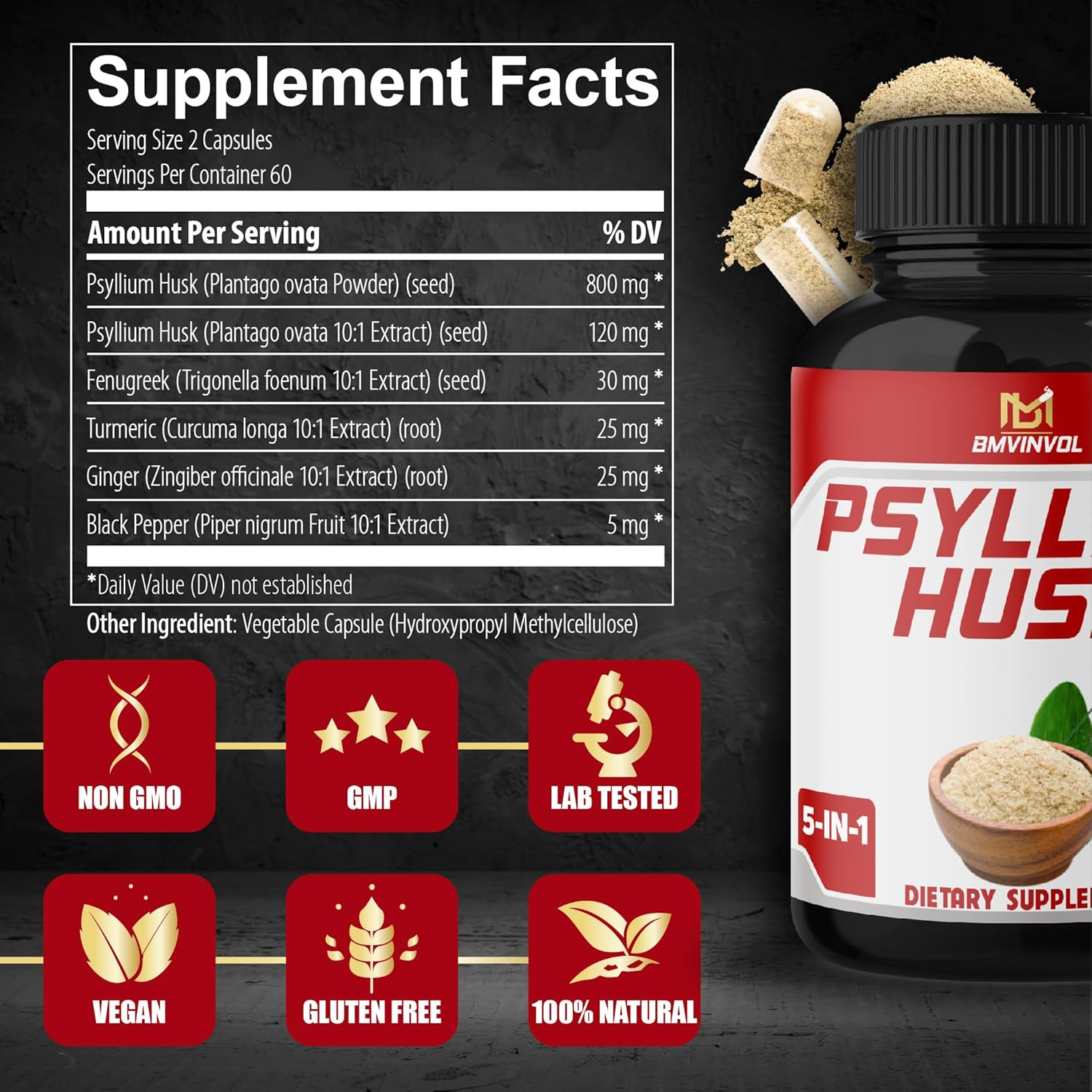 Premium Psyllium Husk Capsules 2850Mg - Enhanced with Fenugreek, Turmeric Root, Ginger Root - 120 Capsules for 2 Month Supply image number 4