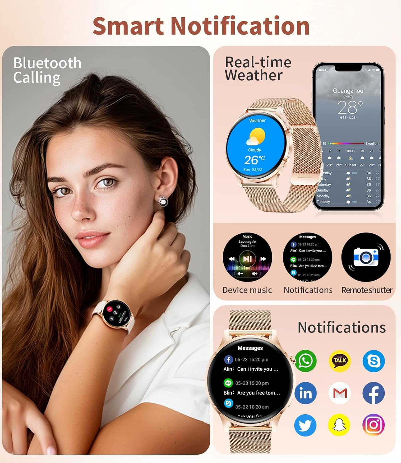 Smart Watch for Women Men (Make/Answer Call), 1.32" AMOLED Display Elegant Smartwatch Ladies with 2 Straps, 100+ Sports Modes, Health Tracking, IP68 Waterproof, Digital Watch for Android Ios image number 1