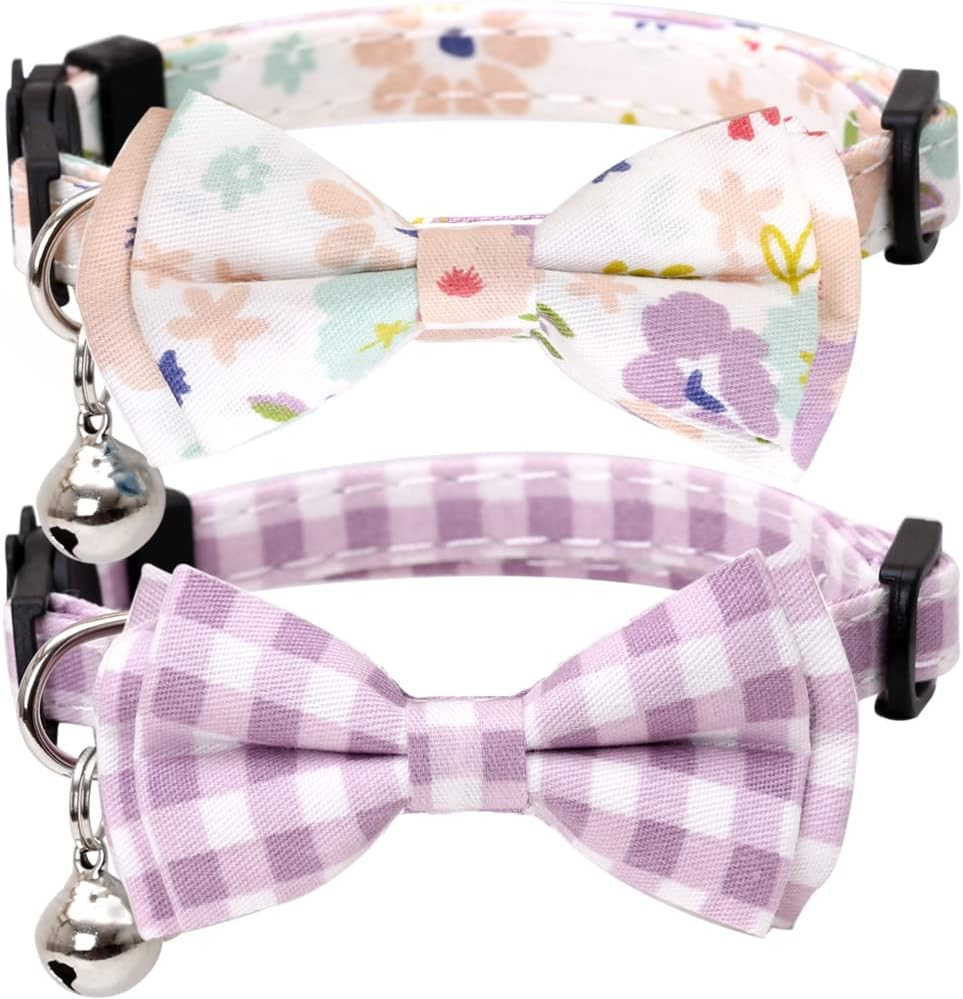 2 Pack/Set Cat Collar Breakaway with Cute Bow Tie and Bell Plaid Flower for Kitty Adjustable Safety - Blue image number 4