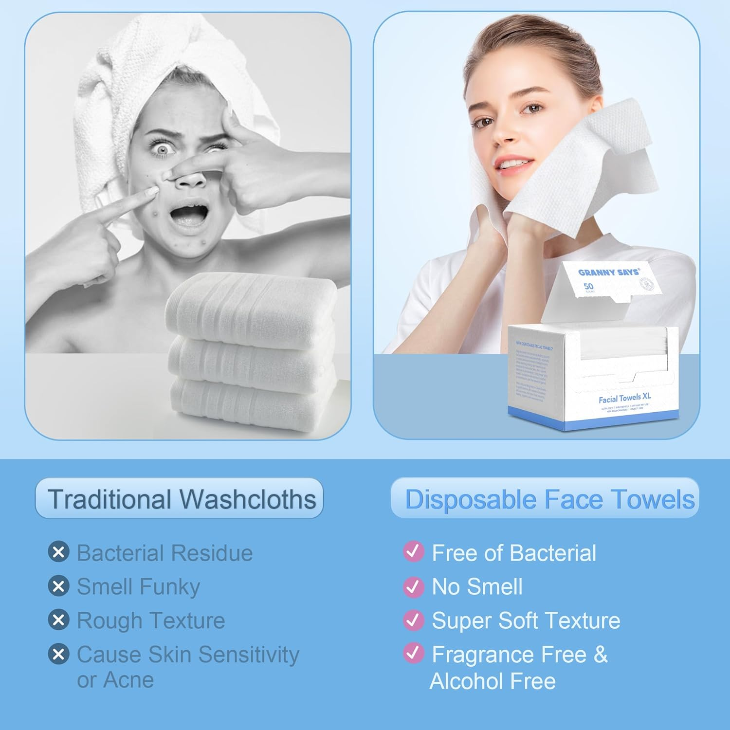GRANNY SAYS Disposable Face Towel XL,100 Count Clean Towels, Double-Sided Face Wipes for Sensitive Skin, Disposable Face Towelette, Large Facial Washcloth, Multi-Purpose Makeup Remover, Dry Wipes image number 1