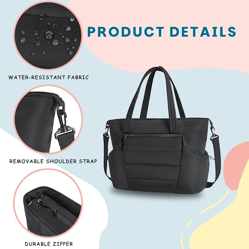 3-Piece Quilted Diaper Bag Set with Changing Mat, Large Capacity Tote with Shoulder Strap, Black image number 6