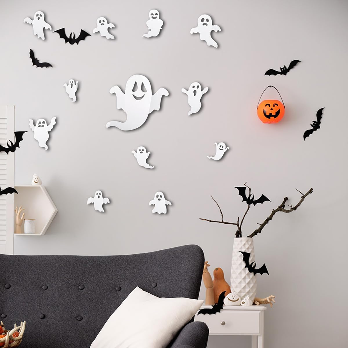 24Pcs Halloween Ghost Wall Decor 3D Ghost Stickers Decor Reusable Cute Halloween Decor Self-Adhesive White Ghost Wall Decorations for Gothic Window Door Wall Room Closet Halloween Home Decor Stickers image number 2