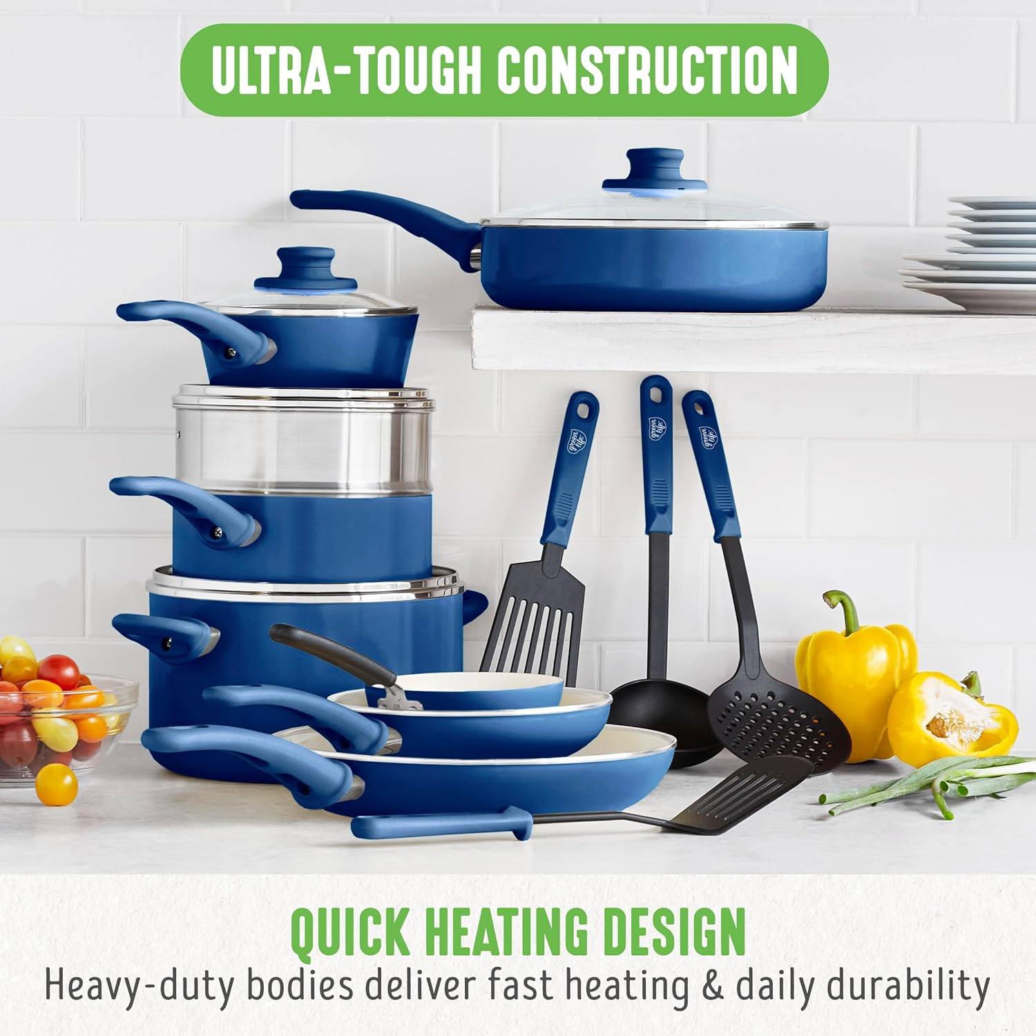 Greenlife Soft Grip Healthy Ceramic Nonstick, 16 Pc Cookware Pots and Pans Set, Pfas-Free, Dishwasher Safe, Blue image number 5