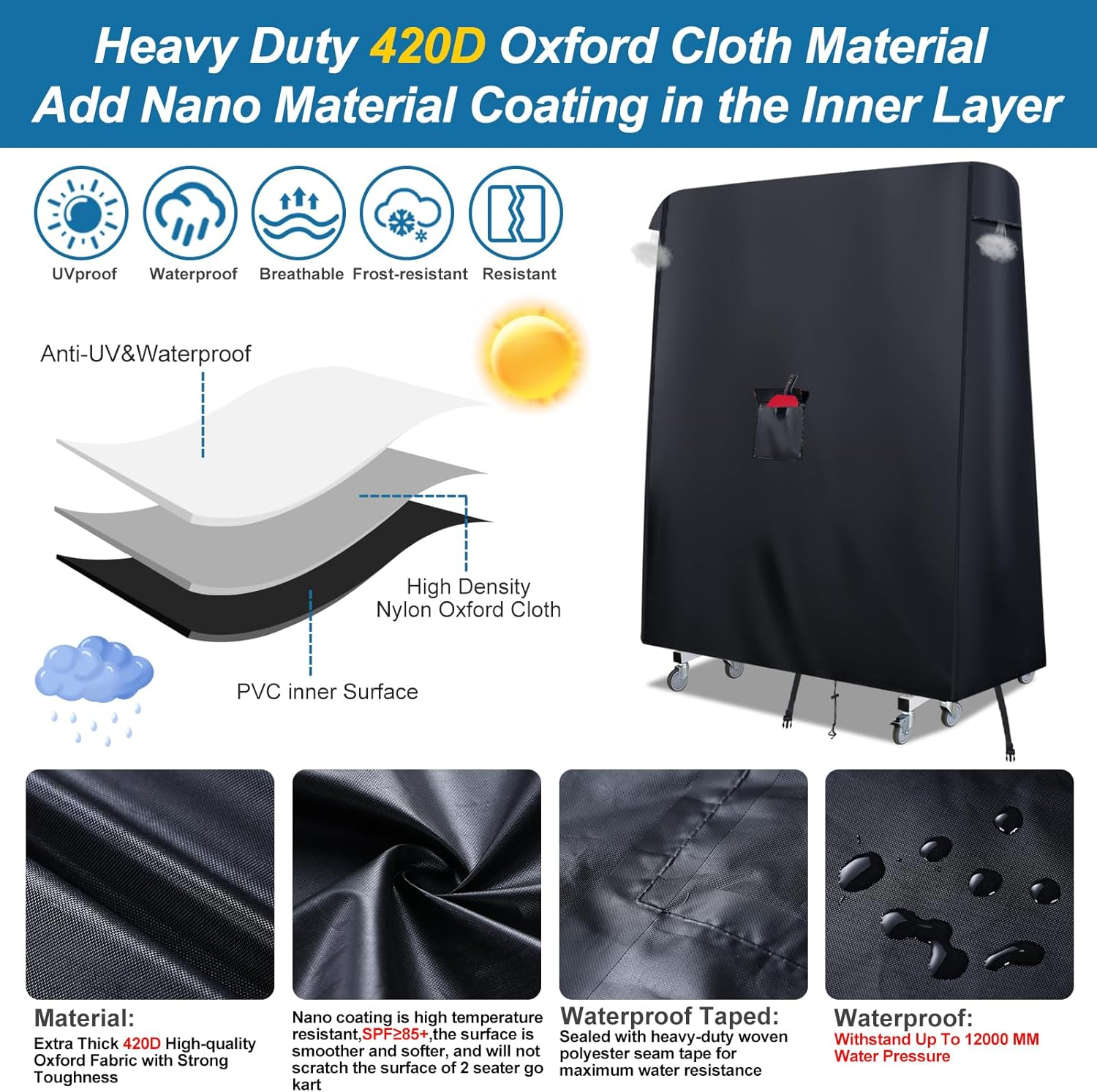 Folding Ping Pong Table Cover Outdoor Waterproof,420D Heavy Duty Foldable Table Tennis Table Cover with Paddle Pocket,2 Windproof Buckles,2 Air Vents,Universal Fits 9X5 FT Foldable Pingpong Tables image number 4