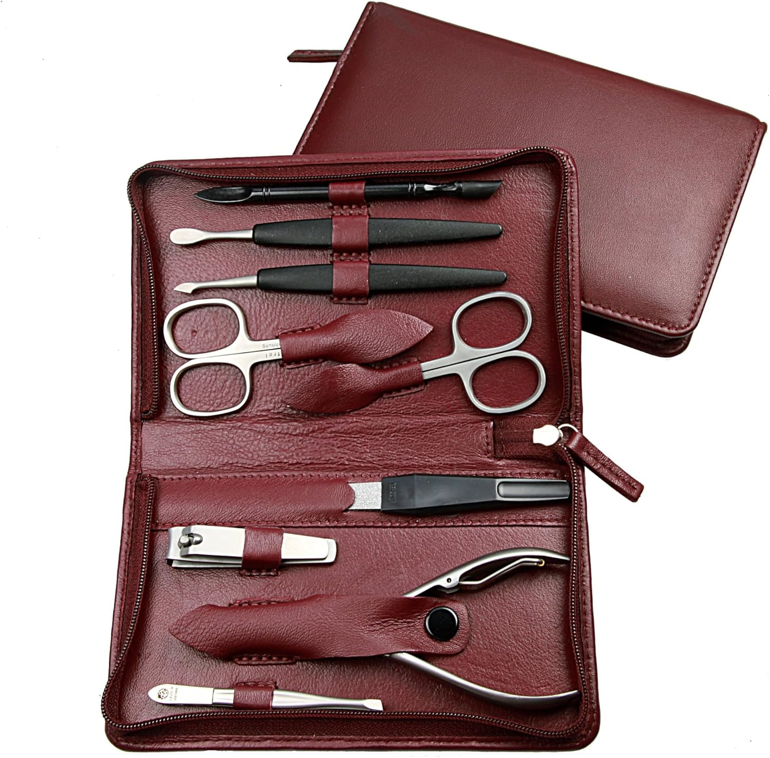 Sonnenschein by Hans Kniebes - Manicure Case, Zip: 9 Pieces, Stainless Steel Matt Finish, Nappa Lambskin Leather, Black