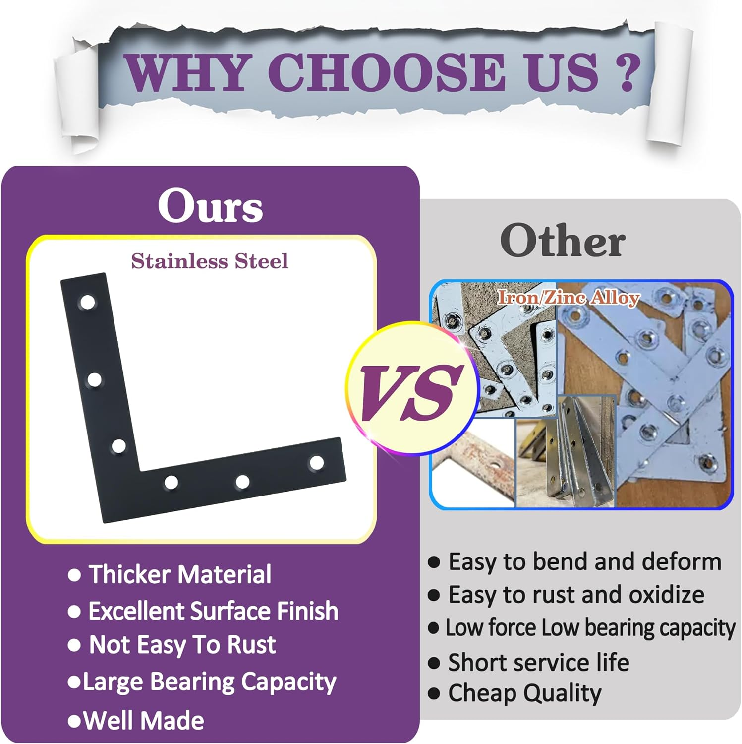 Alise L Flat Brackets,Corner Bracket Black Corner Brace Mending Plate Repair 120Mm X 120Mm Stainless Steel Flat Braces for Wood Tables, Chairs, Sofas, Beds, Cabinets, Doors and Windows,Pack of 8