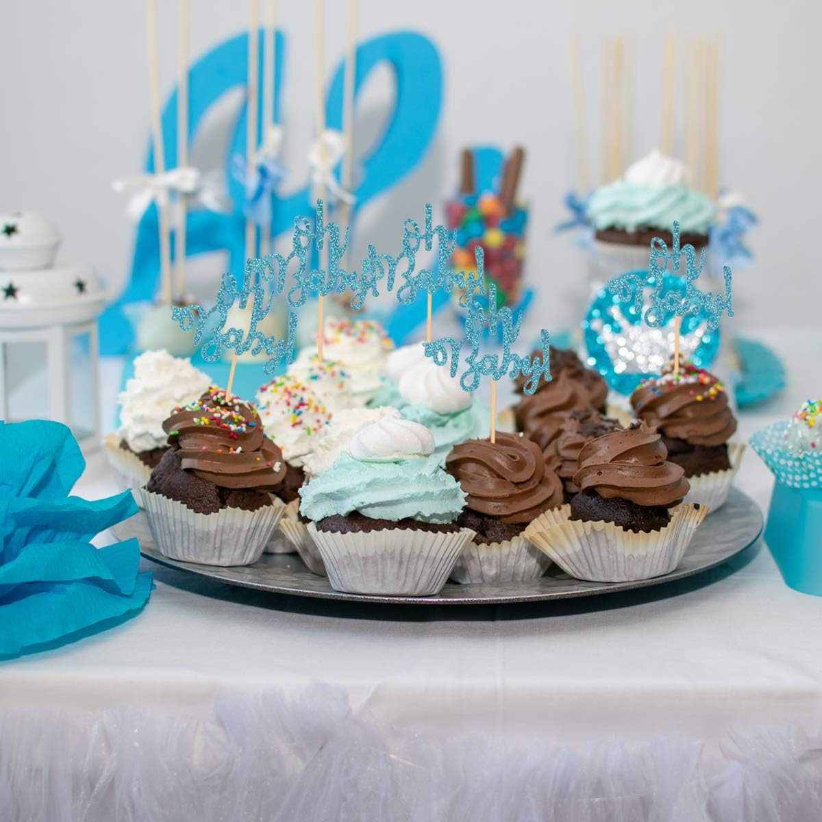 Donoter 48 Pcs Blue Glitter Oh Baby Cupcake Topper Picks for Baby Shower Party Cake Decorations - 10.26-Hmfgm-0332 image number 5