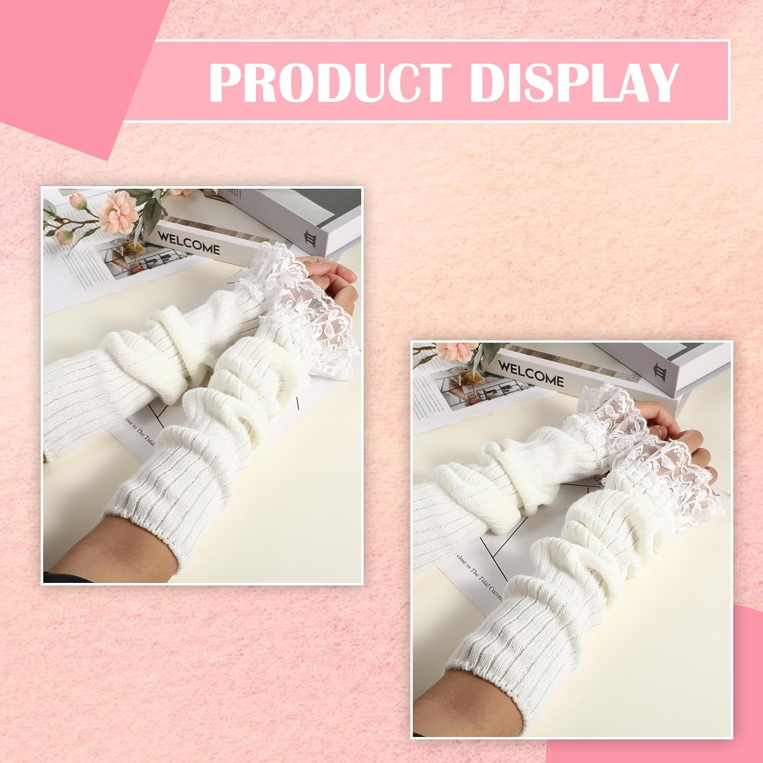 Arm Warmers for Long Sleeve Fingerless, Y2K Cool Girls Arm Covers, White Cute Harajuku Knitted Lace Arm Sleeve