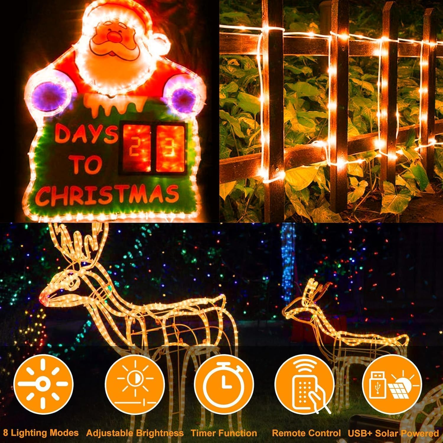 164 FT 1000 LED Rope Lights Solar Powered Waterproof String Lights 8 Modes Outdoor Tube Light Copper Wire Fairy Lights for Christmas Garden Fence Yard Party Pool Wedding Decor (Yellow) - Yellow image number 4