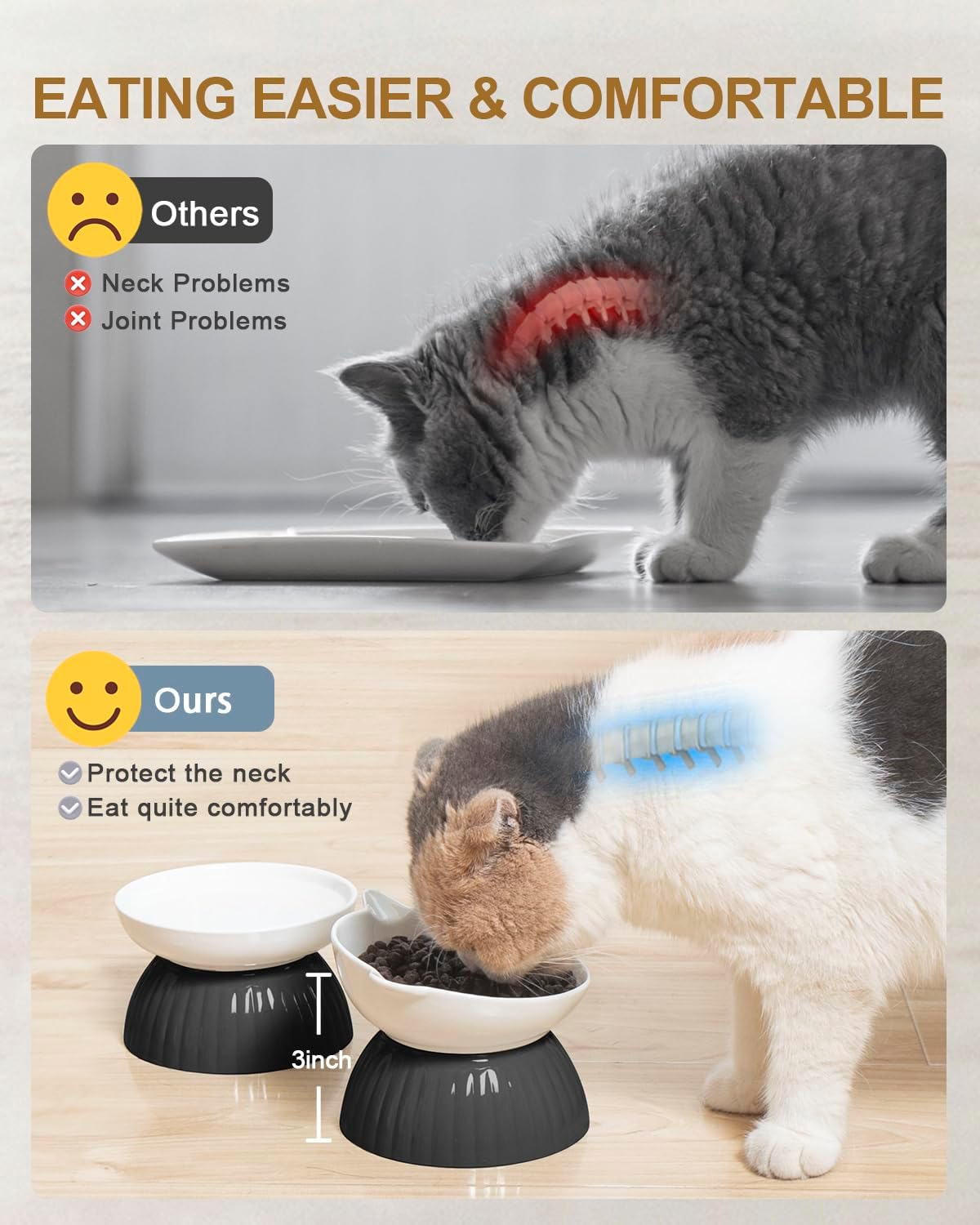 2 Ceramic Raised Cat Food and Water Bowls, Elevated Pet Bowl Set for Indoor Cats and Small Dogs, Anti-Vomiting Feeder with Plastic Base, Dishwasher Safe, Black - Black image number 6