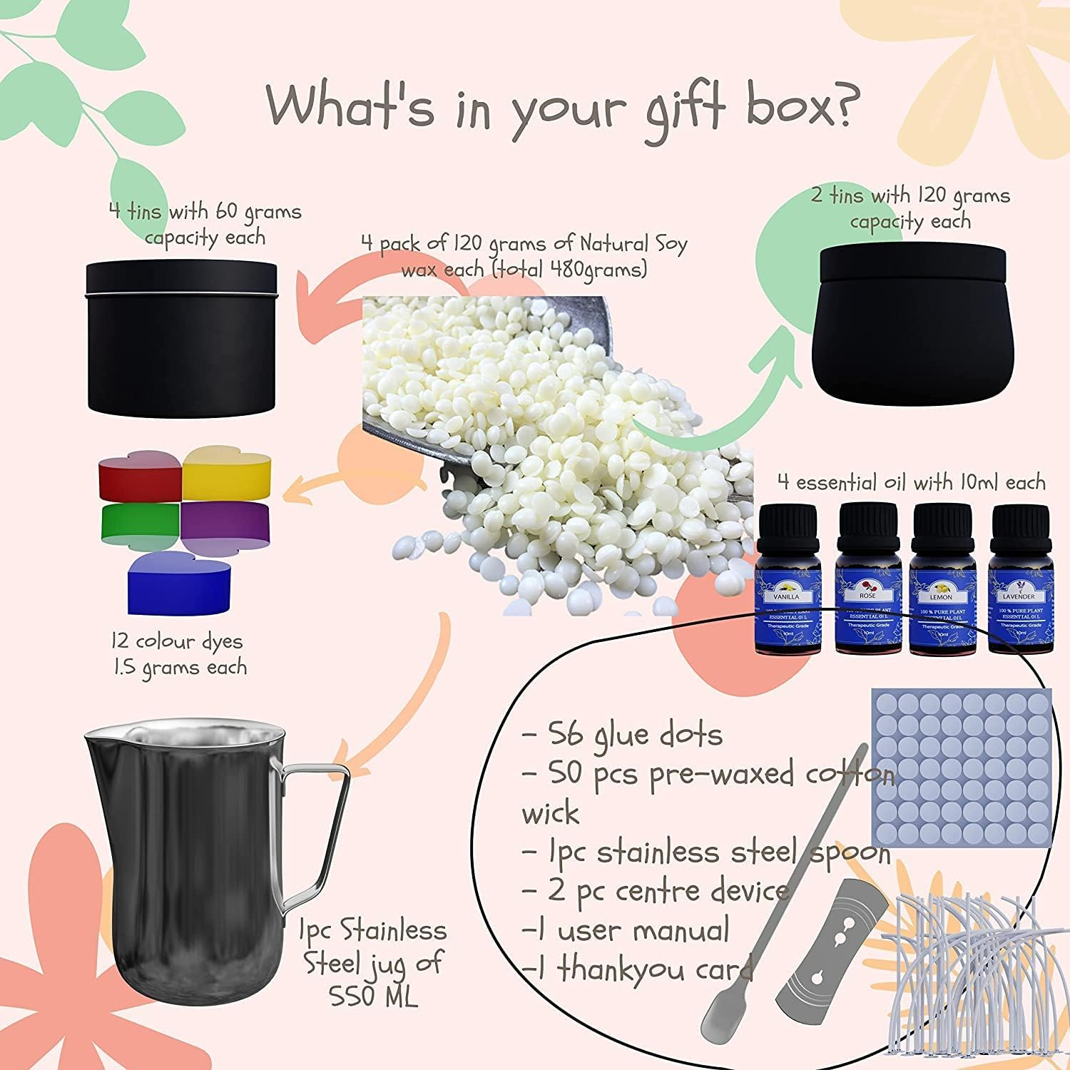 DIY Organicz Scented Candle Making Kit for Beginners to Pro | Luxury 4 Pleasant Scents | Soy Wax Candle Kit | 50 Candle Wicks | 6 Metal Tins | Candle Making Supplies Pouring Pot | Gifts for Women | Home D&eacute;cor Products image number 3