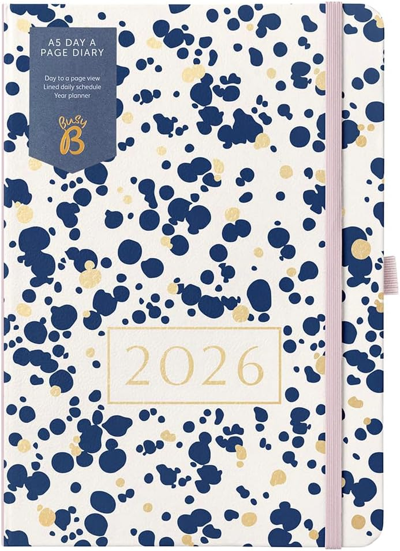 Busy B 2026 A5 Diary Day-A-Page Planner for Students, Professionals & Teachers - Navy Spray Print with Gold Foil, Jan - Dec, Elastic Closure & Ribbon Marker - Organizer for Desk or Handbag