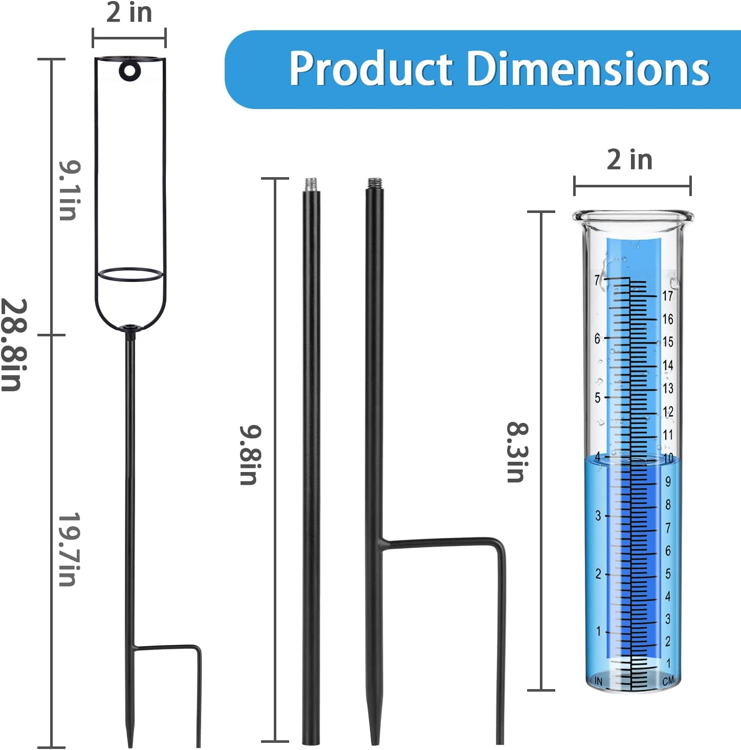Richene Rain Gauge Upgrade, 7" Capacity Glass Rain Gauge Outdoor-Detachable Rain Guage with Lengthen Stake Best Rated for Yard, Lawn & Garden(Dual Scale) image number 6