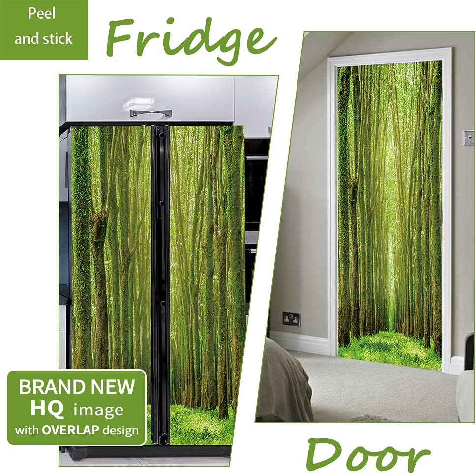 Nature Art Self Stick Vinyl Door Mural Sticker, Peel and Stick Removable Refrigerator Wrap Decal, Green Forest, 32.3X78.7, 2 Pcs Set - Bookcase image number 5