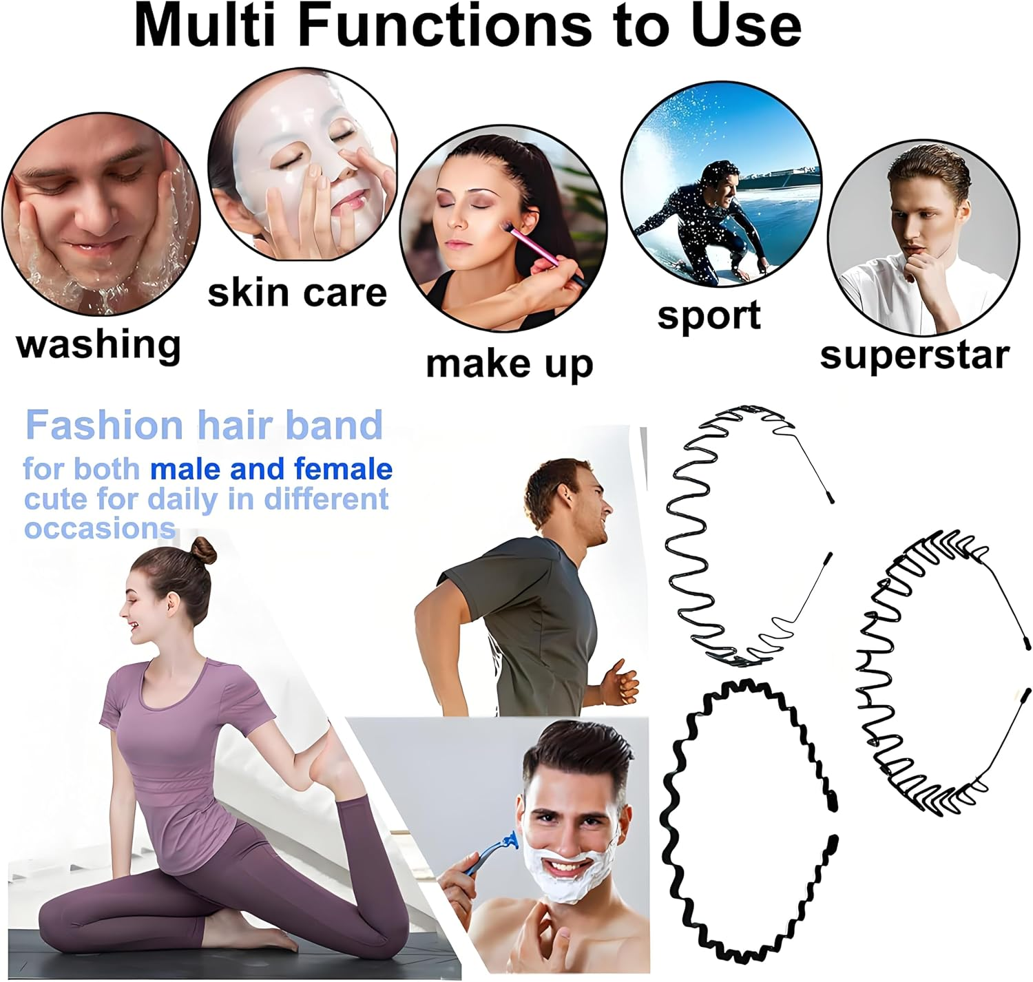 Pack of 3 Metal Hair Bands, Hair Bands Men Women, Wave Metal Headband, Non-Slip Elastic Headband, Hair Band Men, Hair Band Women, for Outdoor Sports Yoga