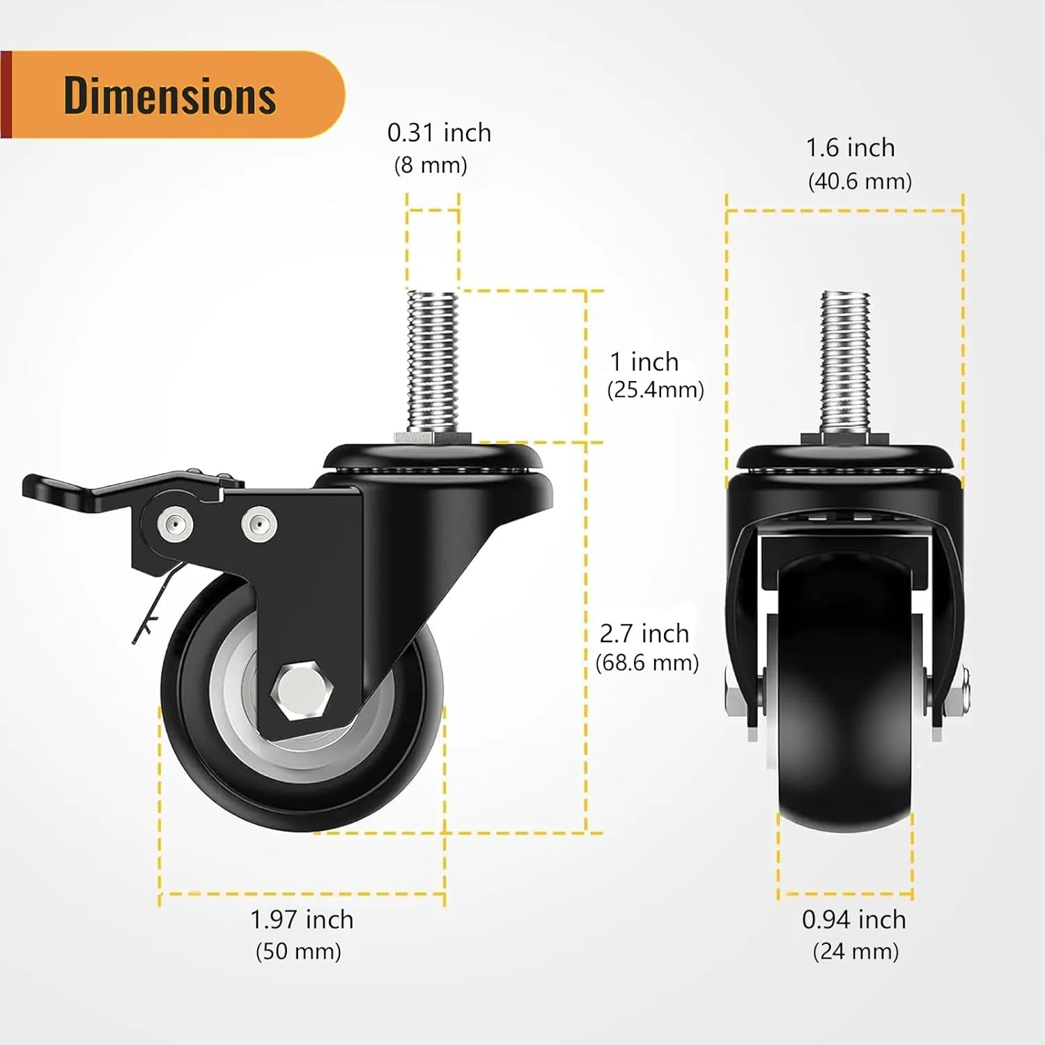 MYLEUS 4PCS 2" Heavy Duty Swivel Castor Wheels with Brake,With M8X25 Threaded Stem and Nuts,No Floor Marks, 600Lbs Capacity, for Furniture Workbench Trolley image number 5