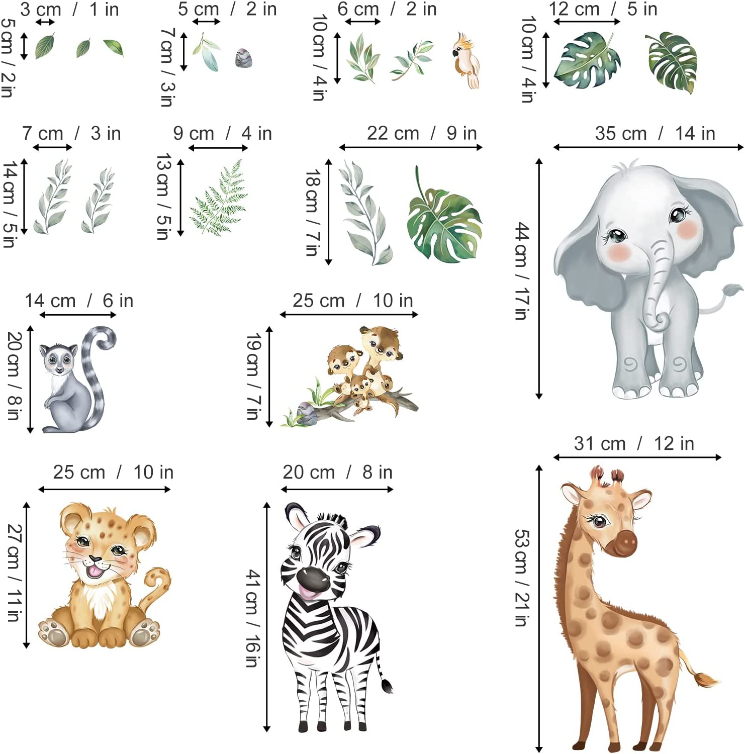 Decalmile Jungle Animals Wall Decals Elephant Giraffe Safari Wall Stickers Baby Nursery Kids Room Living Room Wall Decor image number 4