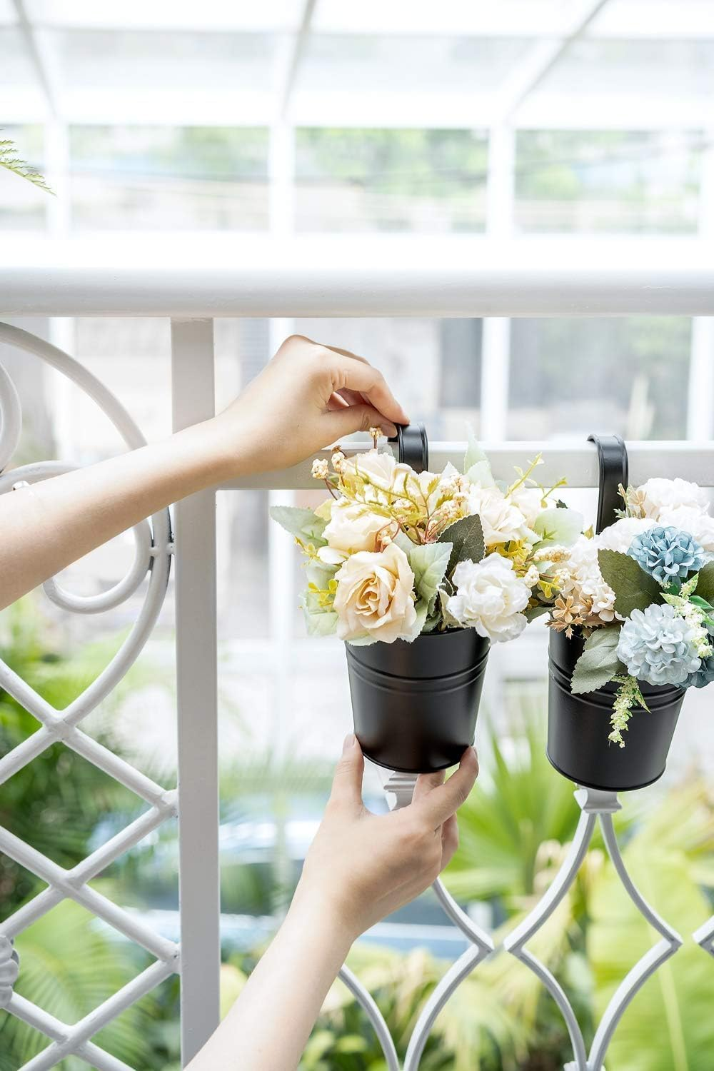 8 PCS Black Metal Hanging Flower Pots Iron Bucket Planters for Balcony Railing and Fence &ndash; Decorative Flower Holders with Removable Hooks, 4 Inch (Black) image number 2