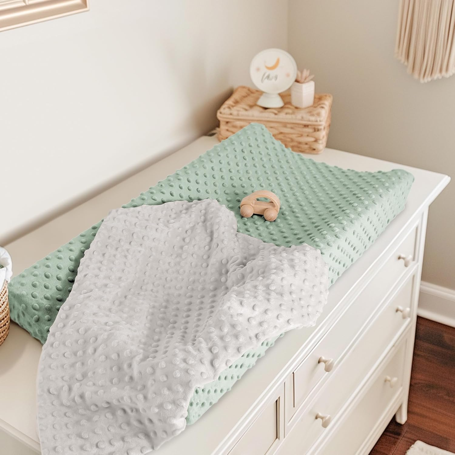 Susurration 2Pack Changing Pad Covers Super Soft Minky Dots Plush Changing Table Covers 33X17X7In Breathable Changing Pad Sheets for Unisex Baby Girls and Boys(Grey&Green) image number 2