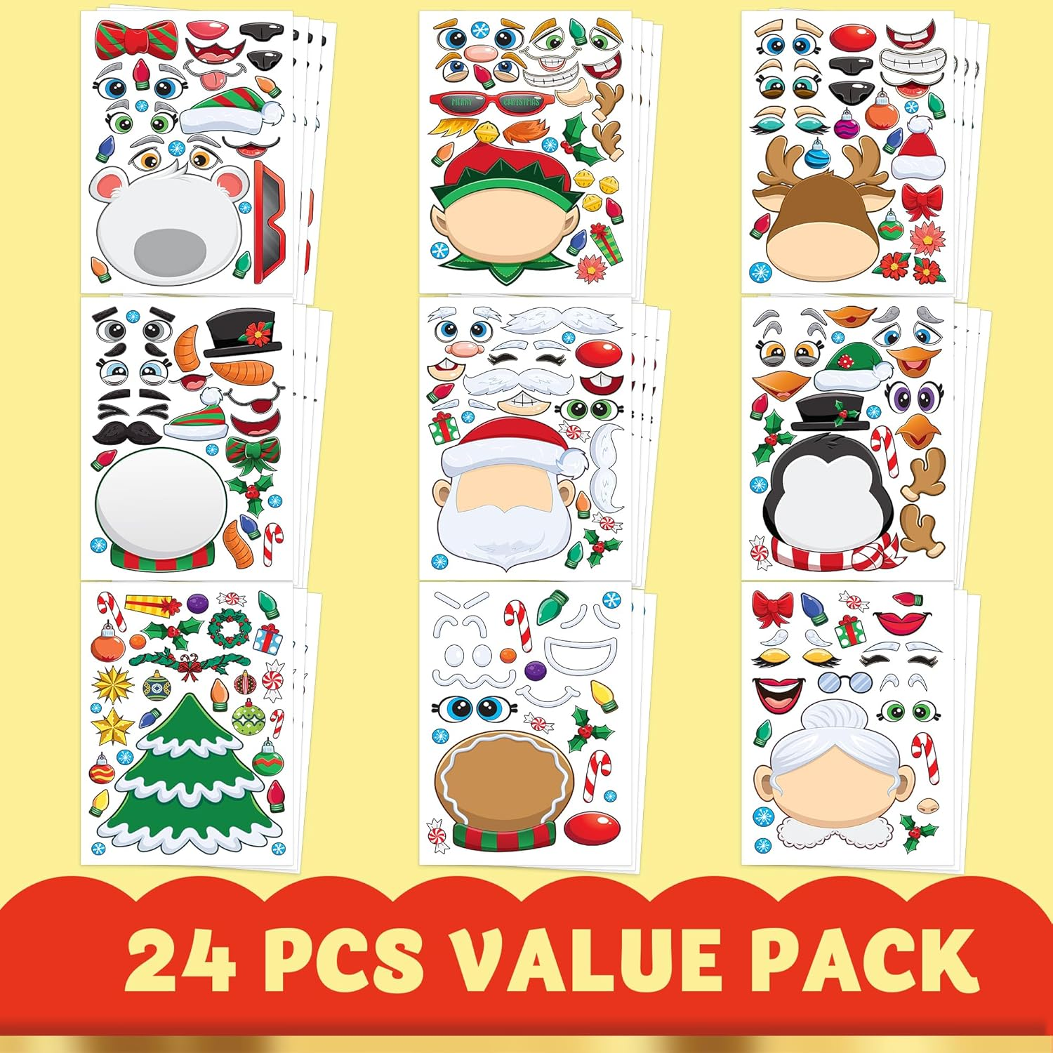 JOYIN 24 PCS Make-A-Face Sticker Sheets Make Your Own Characters Mix and Match Sticker Sheets with Christmas Elf, Santa Claus, Snowman, Penguin and Polar Bear Kids Party Favor Supplies Craft image number 2