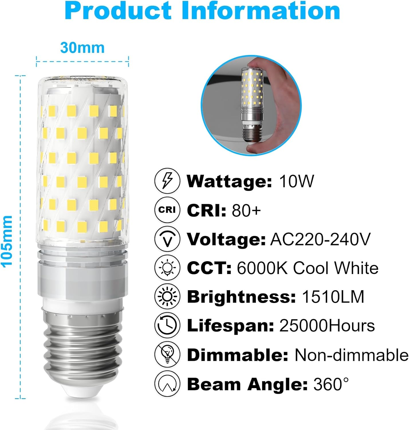 LUTW E27 Screw Bulb Cool White 6000K, 10W E27 LED Bulb Equivalent 130W Incandescent, 1510LM Super Bright E27 LED Corn Light Bulb for Home Lighting, Non-Dimmable, Pack of 2 image number 2
