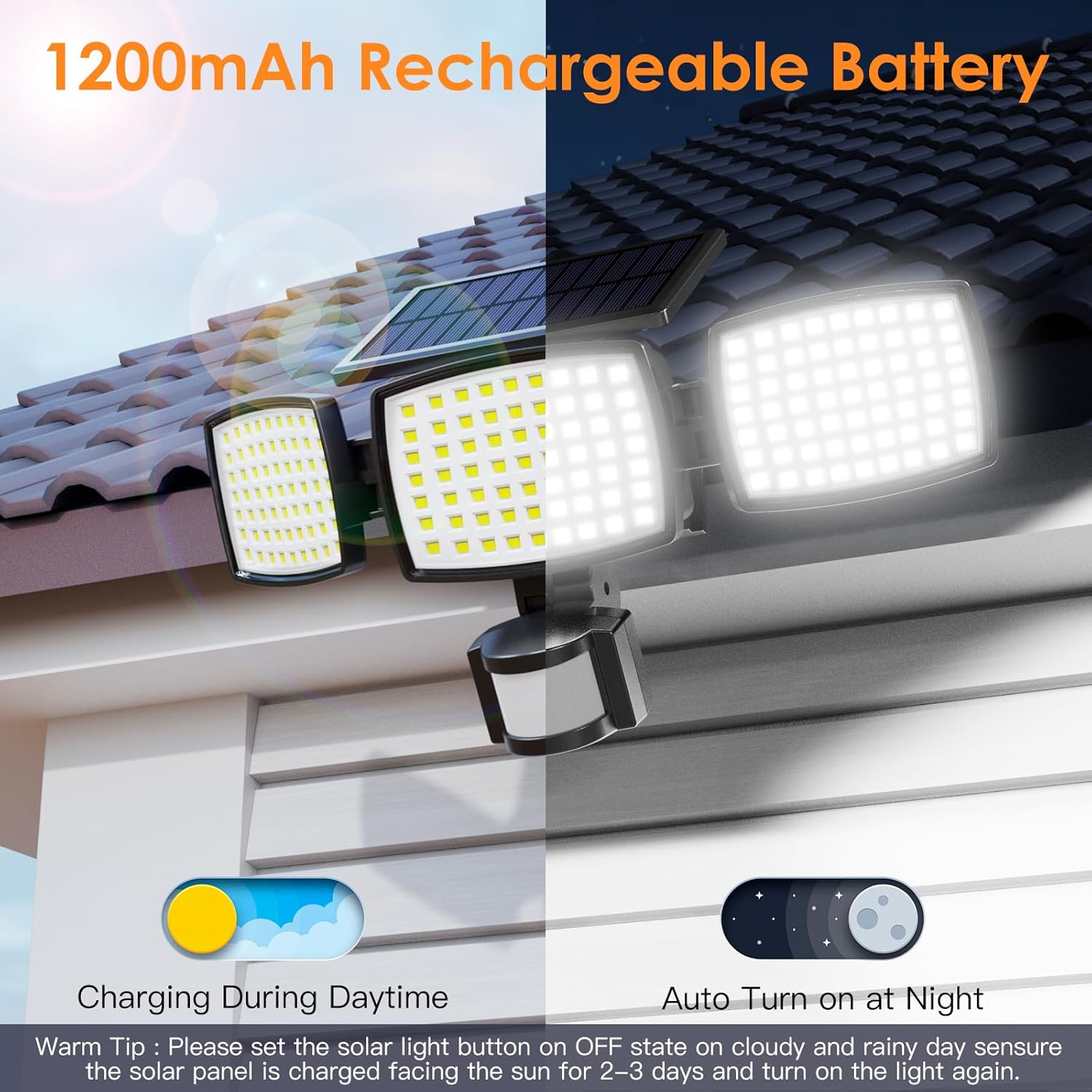 Quntis Solar Motion Sensor Lights 2 Pack,189 LED Security Flood Lights with 3 Adjustable Heads, IP65 Waterproof Outdoor Solar Fence Lights for Garden Wall Door Yard Pathway Patio image number 6