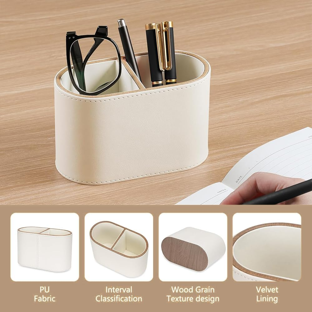 PU Leather Pen Holder for Desk,2-Compartment Pencil Cups, Multifunctional Desk Organizer for Remotes, Pens, Make-Up, Office Accessories (White) image number 5