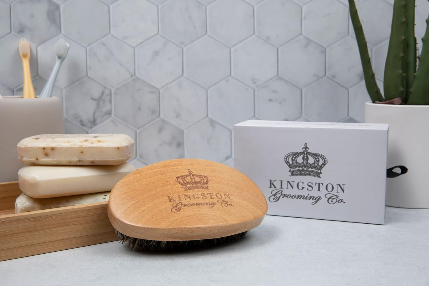 Kingston Grooming- Professional Quality 100% Natural Wooden Dual Boar Hair Bristle Beard and Hair Brush for Men. Solid Beechwood and Engraved Contour Design with Travel Case.
