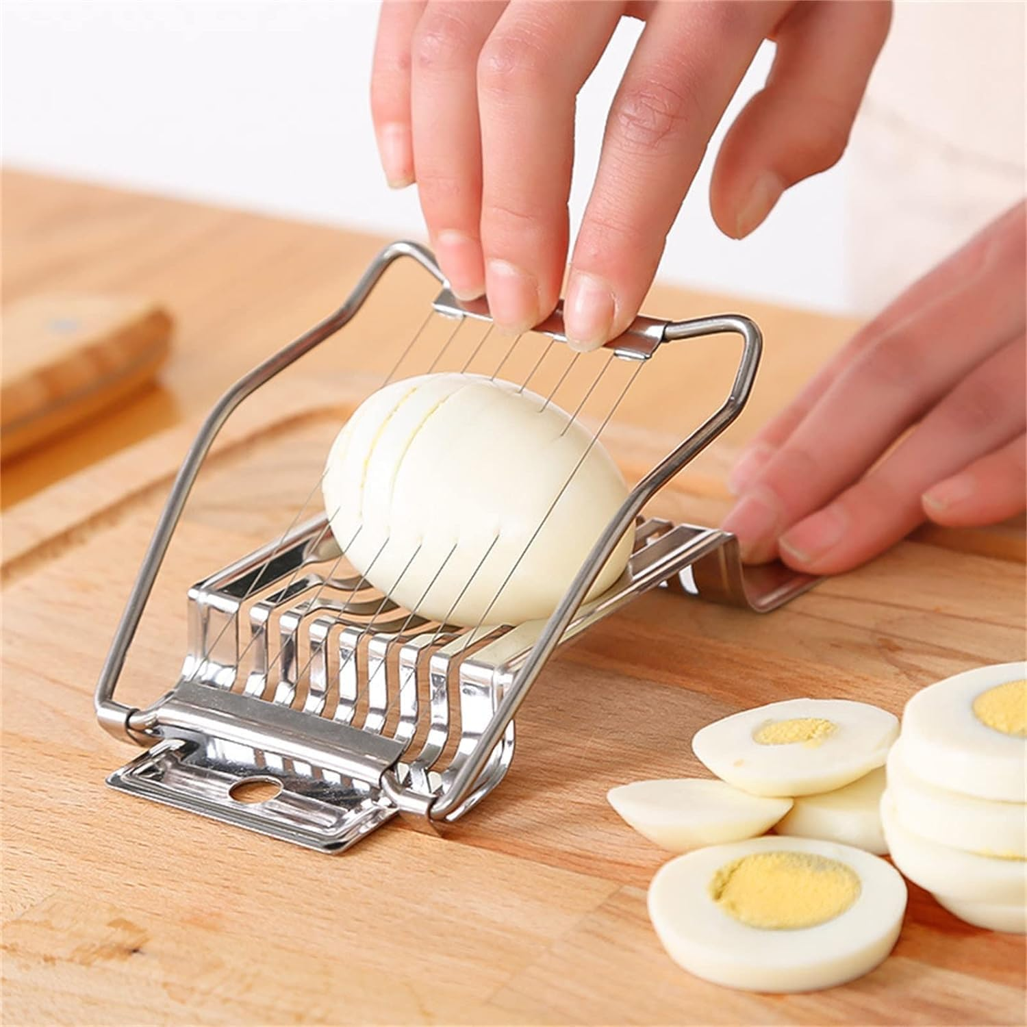 1 X Silver Egg Cutter Made of Stainless Steel, Multi-Purpose Egg Cutting Tool, Egg Separator for Eggs, Cutting, Boiled Eggs, Potato Cutter, Dishwasher Safe, Vegetable Slicer, Egg Cutter image number 1