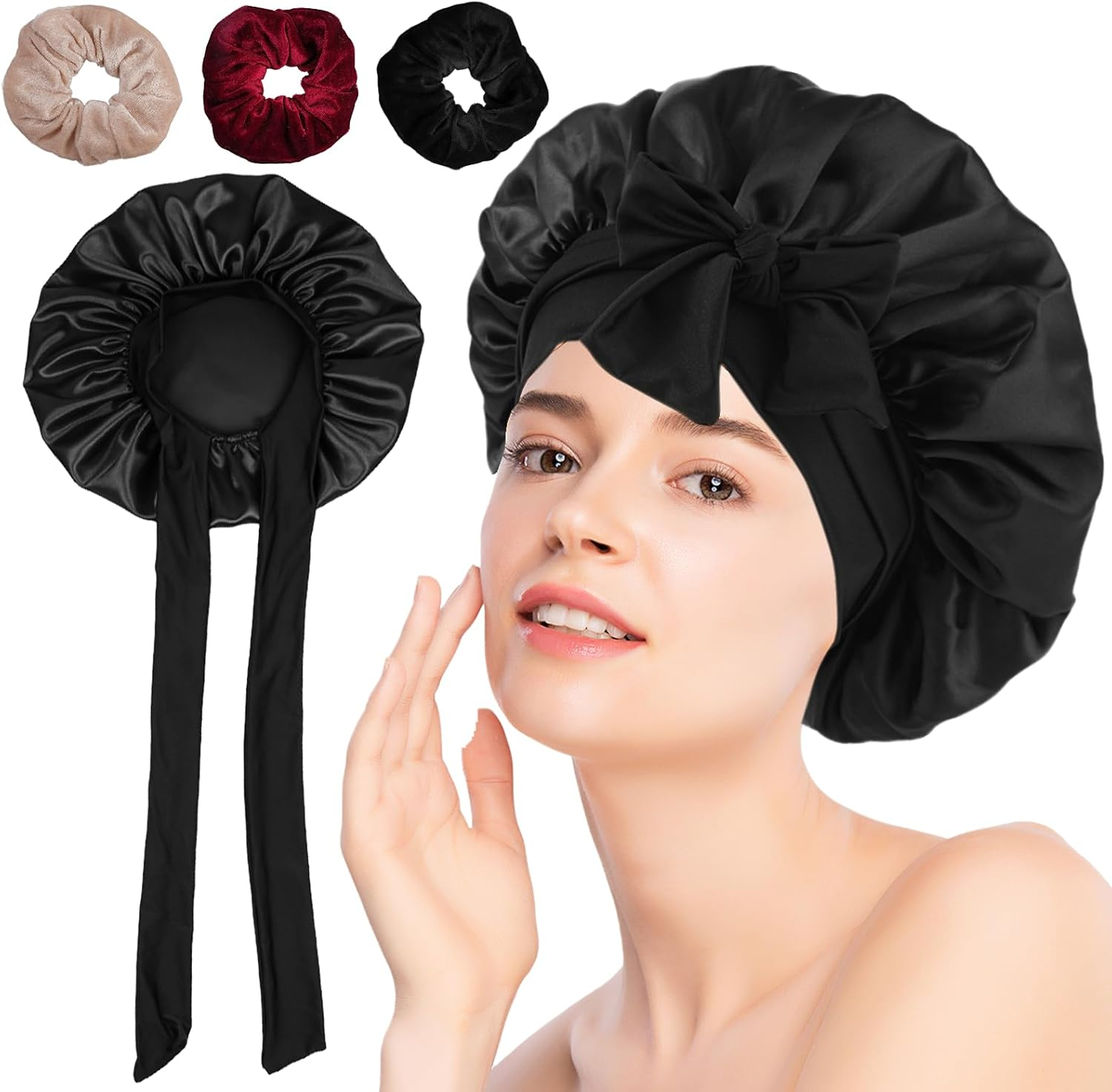 Bonnet Sleep Cap for the Night, Sleep Cap Hair with 3 Hair Elastics, Silk Sleep Cap with Elastic Band, Silk Hood for Sleeping Long Hair, Sleep Cap Silk Bonnet for Night Everyday (Black) image number 1