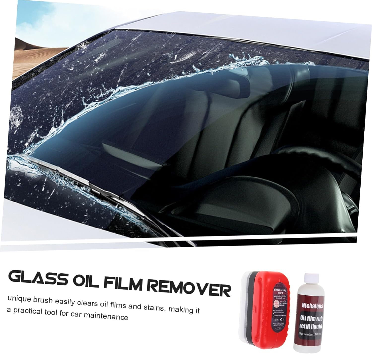 Amosfun Car Oil Film Remover 120Ml 100Ml Refill Automotive Glass Oil Film Cleaner Brush Windshield Car Window Glass Coating Visibility image number 1