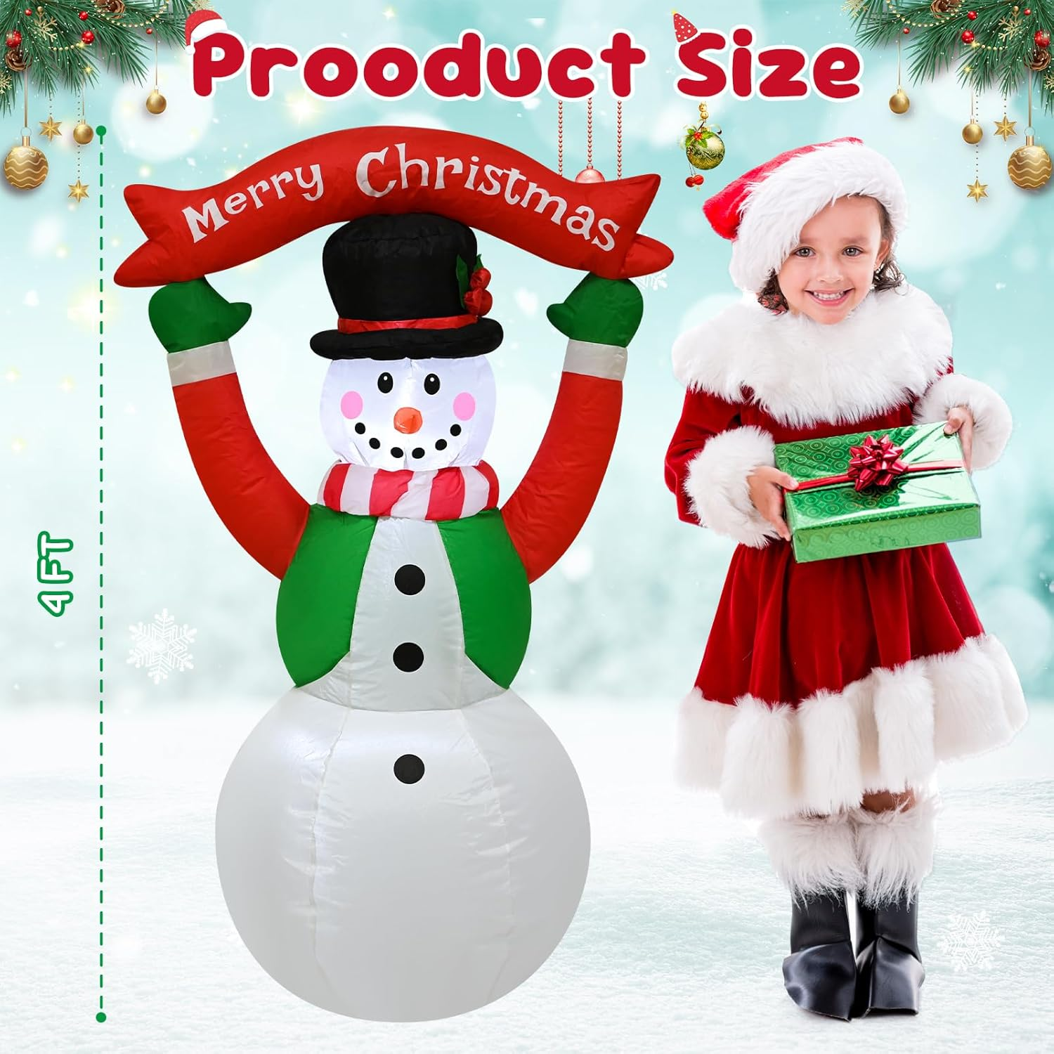 4FT Christmas Inflatables Blow up Christmas Snow Man Holding a Sign That Reads Merry Christmas with LED Light Indoor Outdoor Graden Yard Lawn Party Holiday Decor - 4H Inflatable Snowman With Signpost image number 6