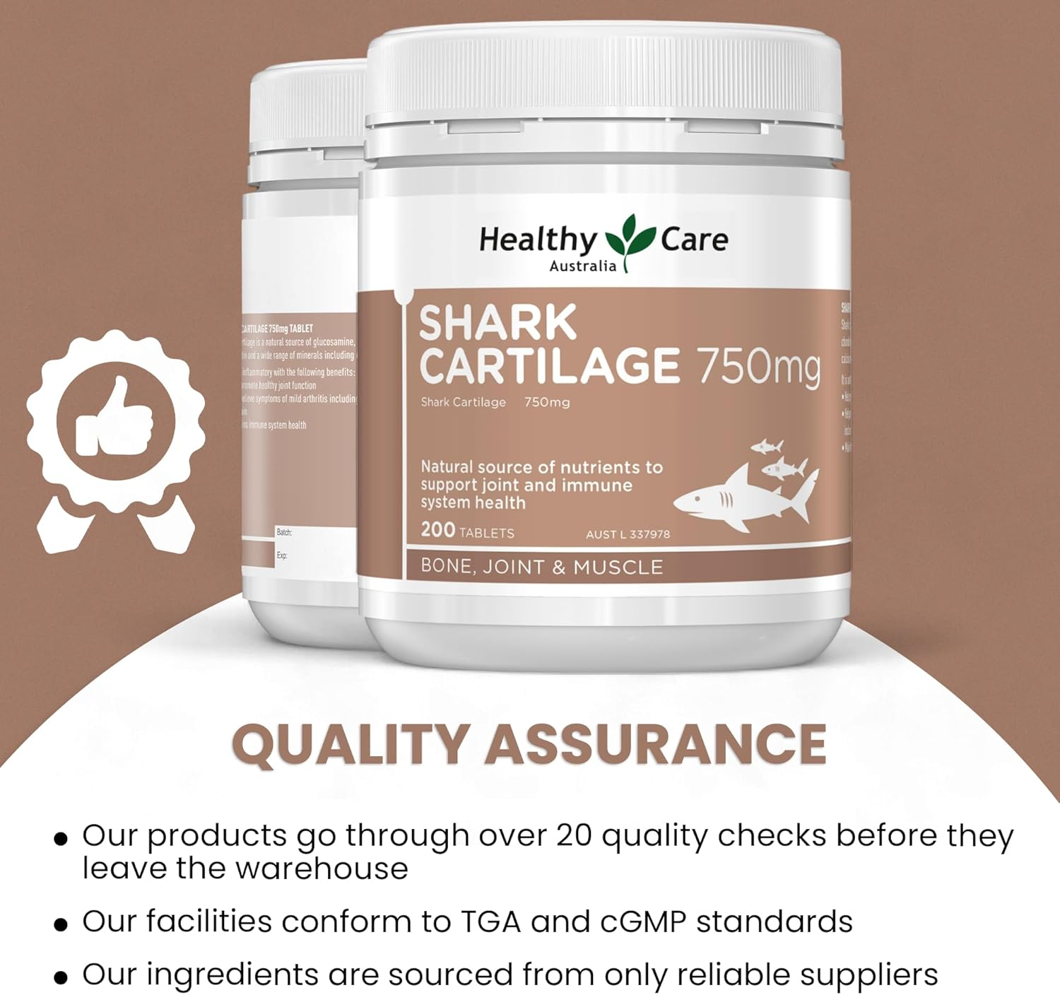 Healthy Care Shark Cartilage Tablets - Premium Dietary Supplement for Joint & Immune Support - Sugar-Free - 200 Tablets image number 4