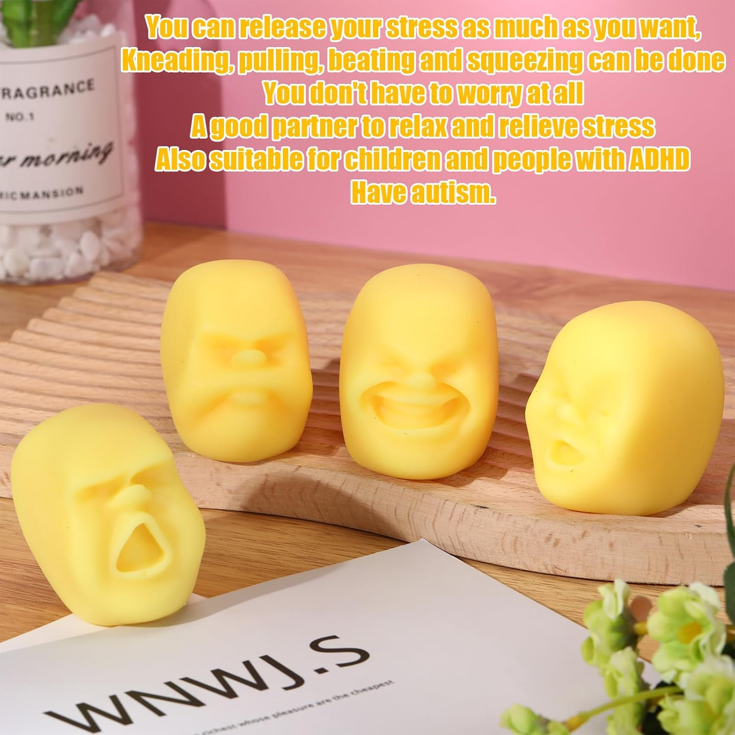 4 Pcs Human Face Stress Ball for Adults Funny Human Face Emotion Balls Fidget Sensory Toy Relief Toys Squeeze Ball Soft Stretchy Fidget Toys Weird Stuff Stress Ball for Teen Relieve (Yellow) - Yellow image number 5