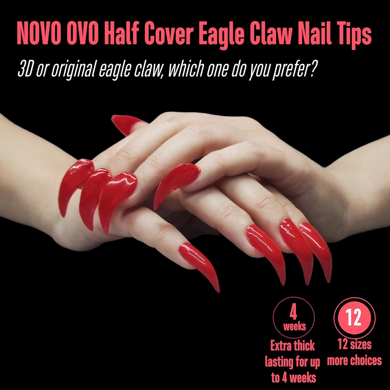 NOVO OVO Nail Tips Curved Stiletto, Clear Gel X Extension Kit Half Covel to Make Press on 3D Eagle Claw Nails, Thick Extra Hawk Deep Curve Almond French Tips Soft False Fake Acrylic Nail 504Pc 12 Size image number 2