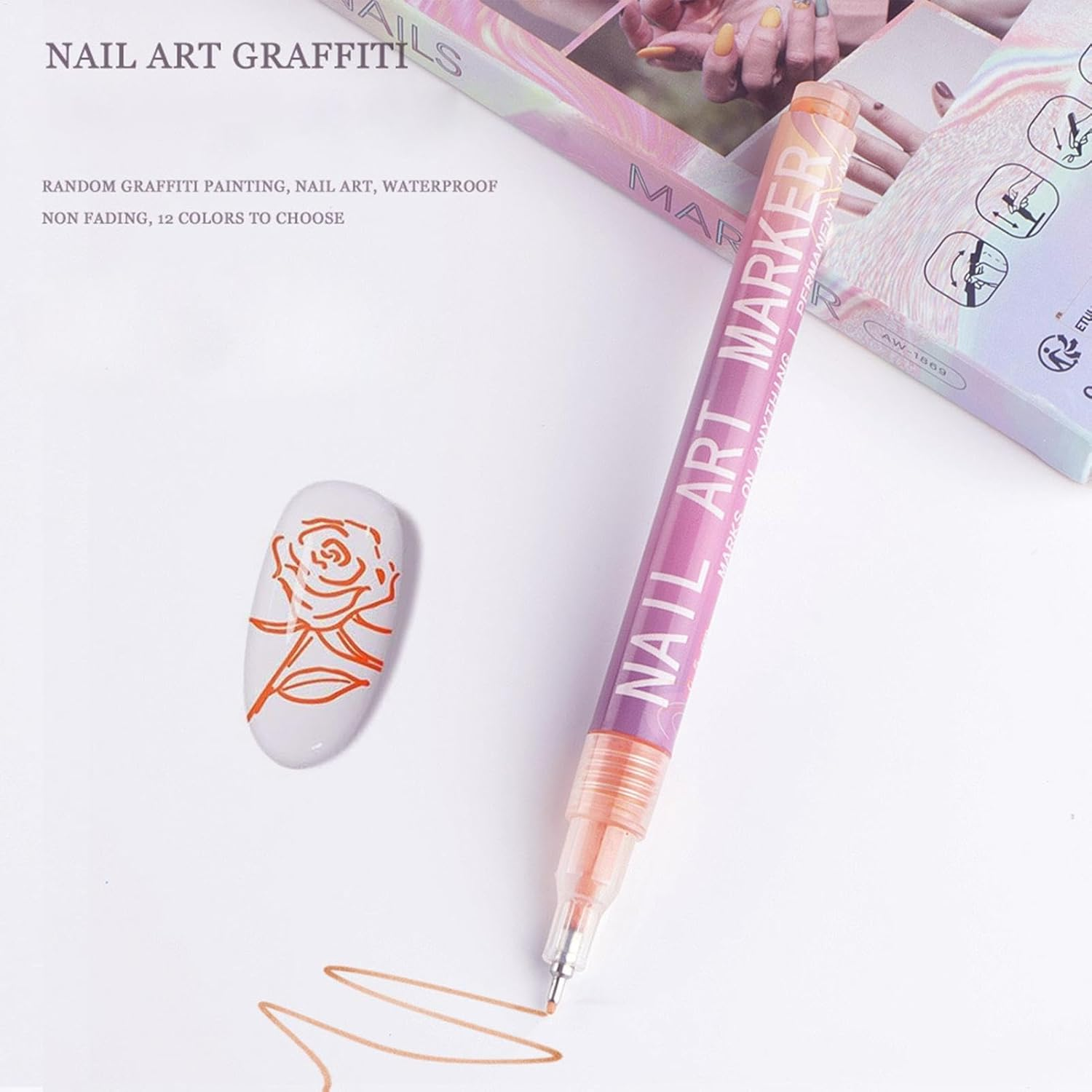 Art Nail Pens Set,12 Colors Manicure Art Painting Polish Kit Waterproof - Home Nail Beauty Salon Acrylic Markers for Graffiti Butterflies Flowers image number 2