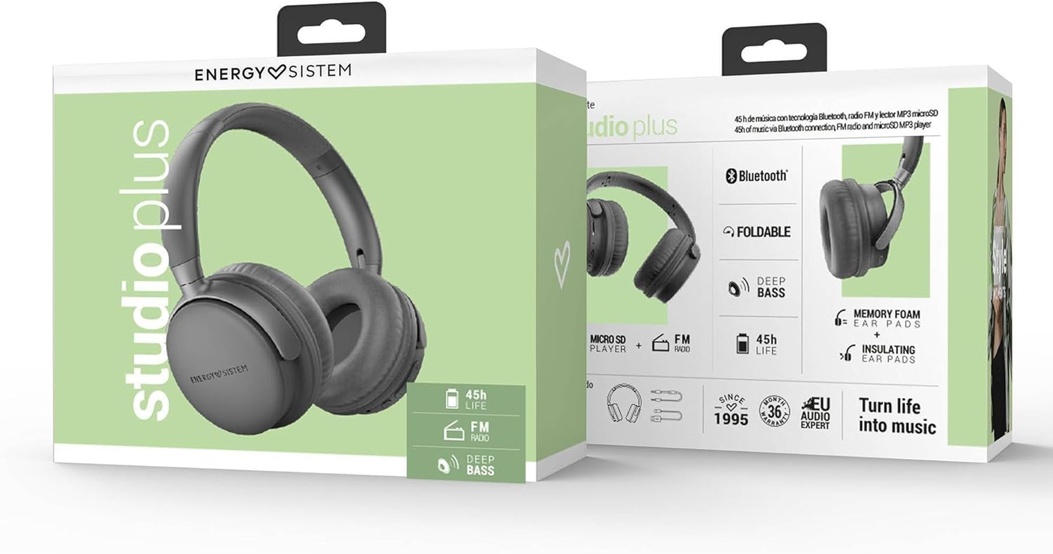 Energy Sistem Studio plus Bluetooth Headphones (FM Radio, 45 Hours Battery Life, MP3 Player Microsd, Deep Bass, Protein Leather Ear Pads and Elastic Memory Foam), Grey image number 5